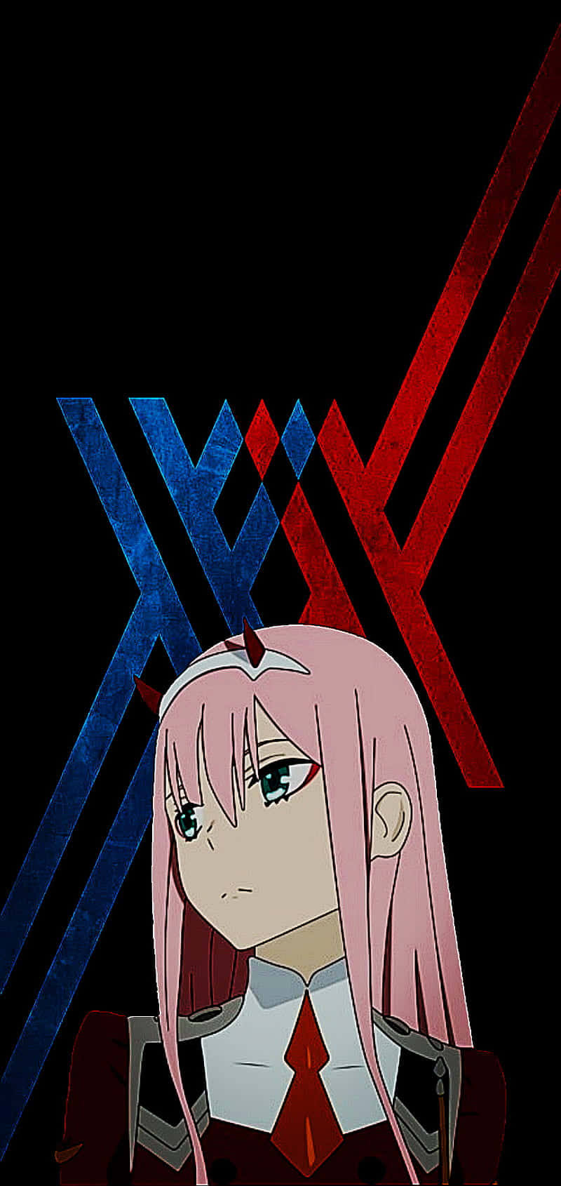 Darling In The Franxx Phone 桌布 壁紙 — 一位粉紅色頭髮的動漫女學生穿著校服，站在黑色背景上大膽的藍色和紅色X形設計前。