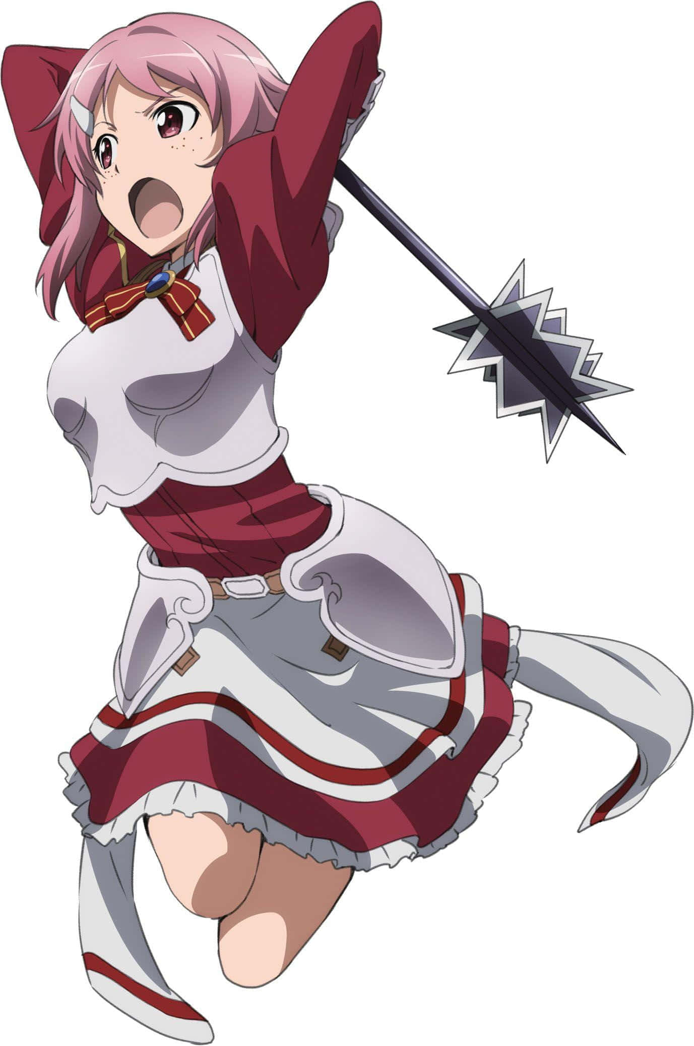 Sword Art Online Lisbeth 桌布 壁紙 — 一位粉紅色頭髮的動漫少女穿著紅白女僕裝，興奮地揮舞著狼牙棒動態跳躍。