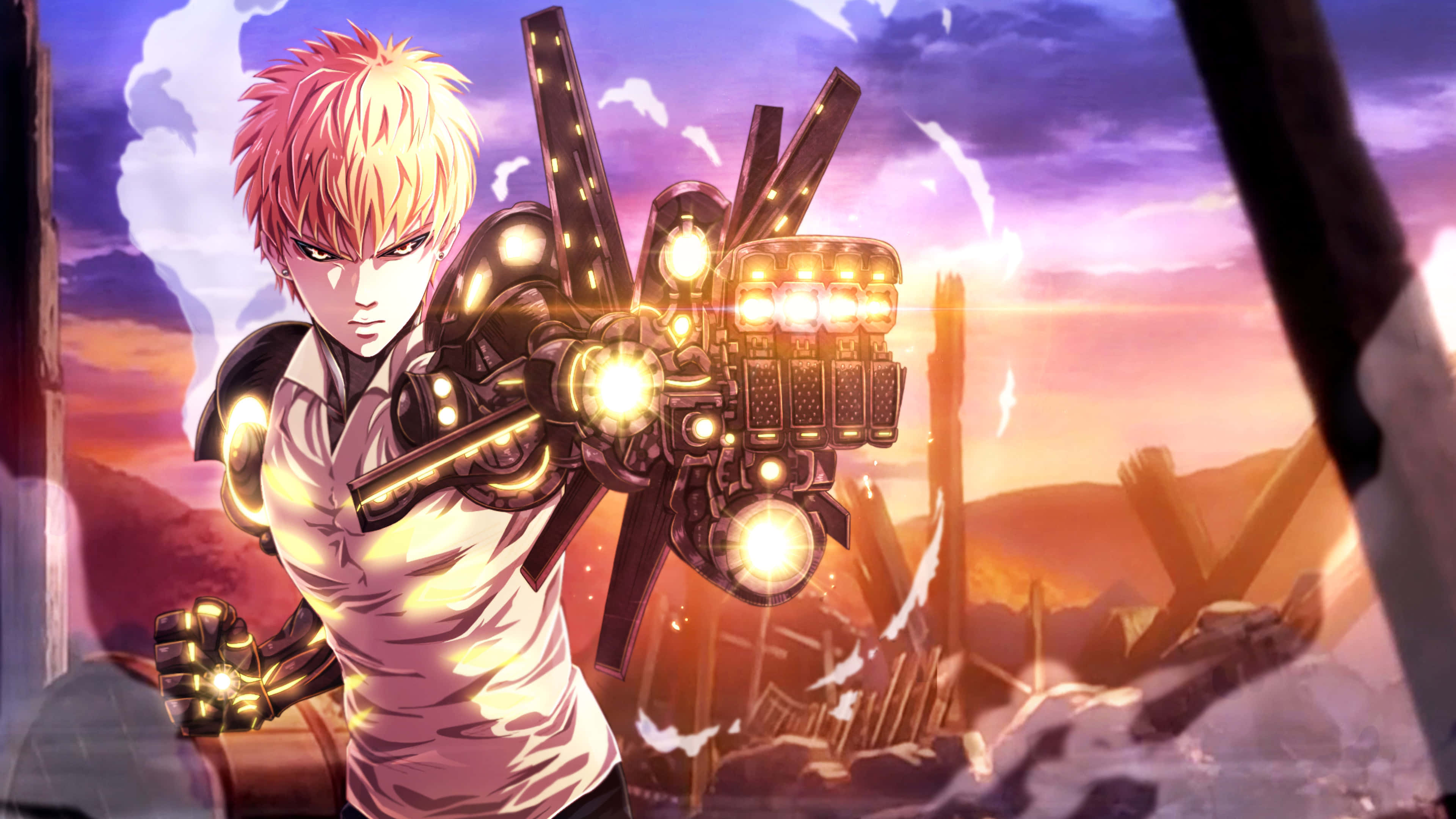 Genos 桌布 壁紙 — 一位粉紅色頭髮的動漫戰士，在廢墟戰場上對著熾熱的夕陽天空瞄準發光的機械手套。