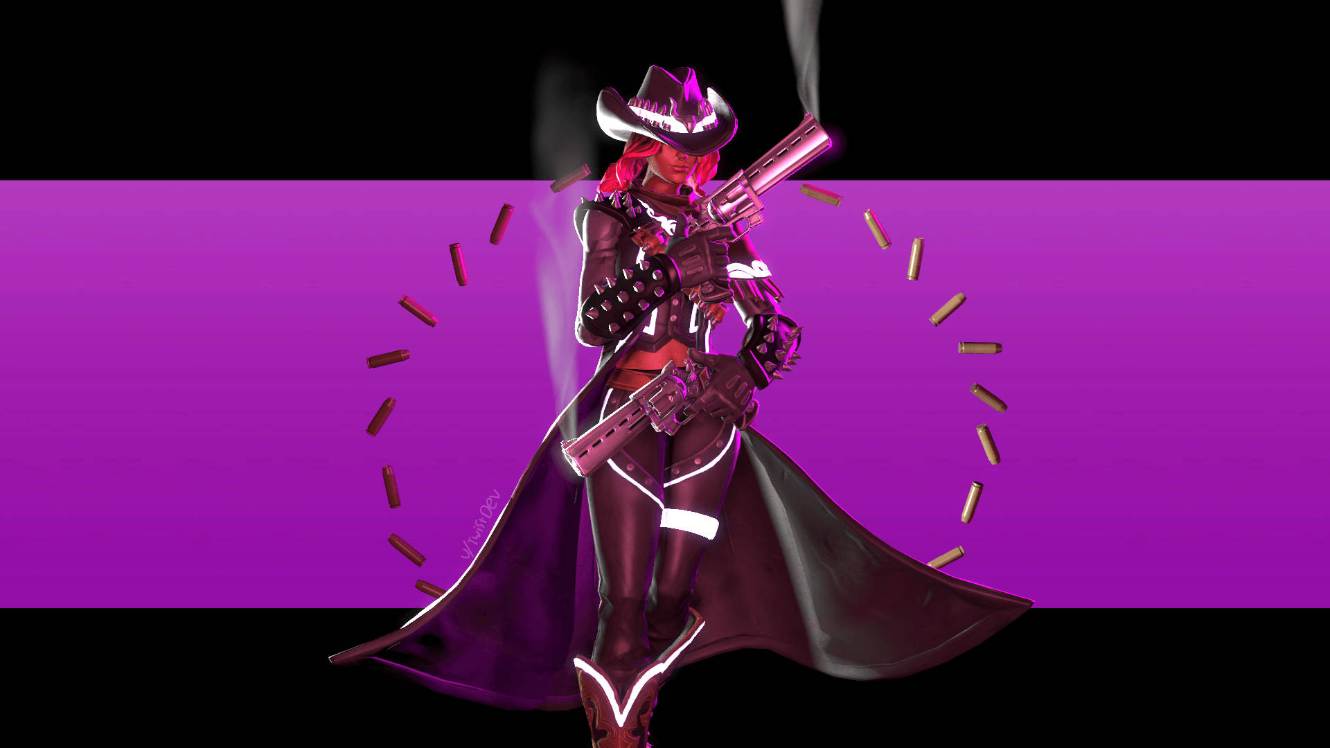 calamity fortnite 桌布 壁紙 — 一位粉紅色頭髮的動漫戰士，戴著牛仔帽和黑色盔甲，在充滿活力的紫色背景上發射發光武器，子彈飛舞。