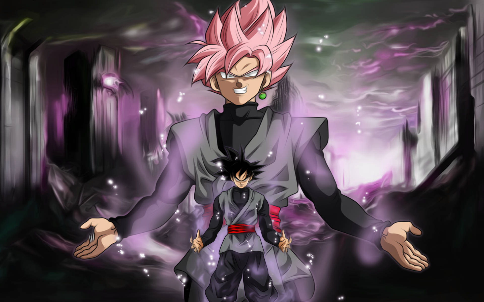 Goku Dragon Ball Super 桌布 壁紙 — 一位粉紅色頭髮的動漫戰士，眼睛發光，威嚴地站在一個較小的自己之上，身處一個充滿深紫色能量的走廊。