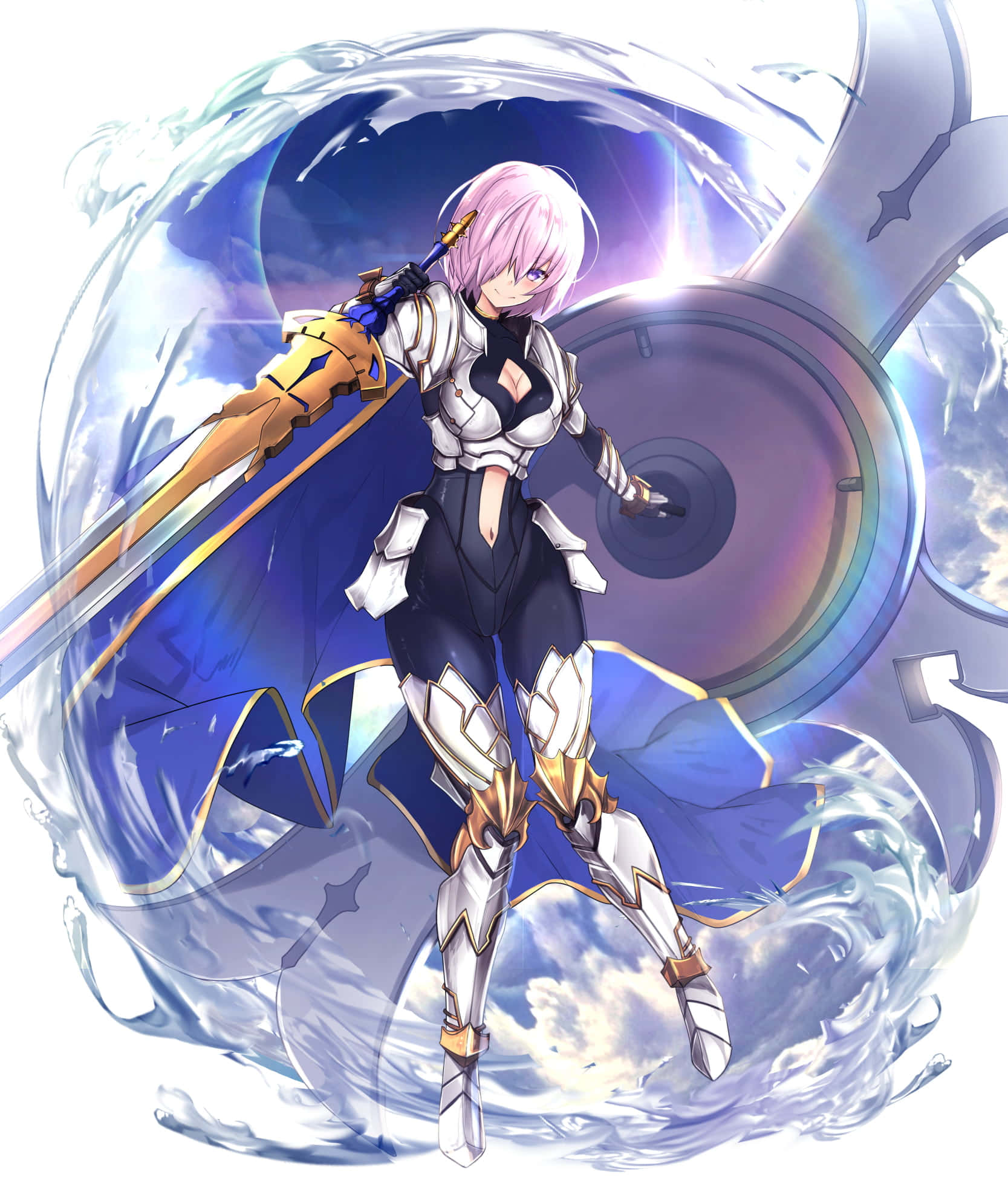 Fate/Grand Order 桌布 壁紙 — 一位粉紅色頭髮的動漫戰士，身穿白色和金色盔甲，在旋轉的藍色能量和機械齒輪中揮舞著發光的劍。