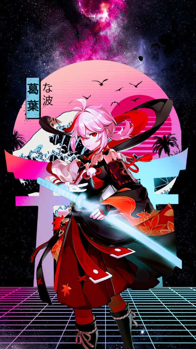 電玩遊戲 桌布 壁紙 — 一位粉紅色頭髮的動漫戰士在充滿活力的復古未來宇宙背景下揮舞著發光的劍，背景有棕櫚樹和粉紅色的太陽。