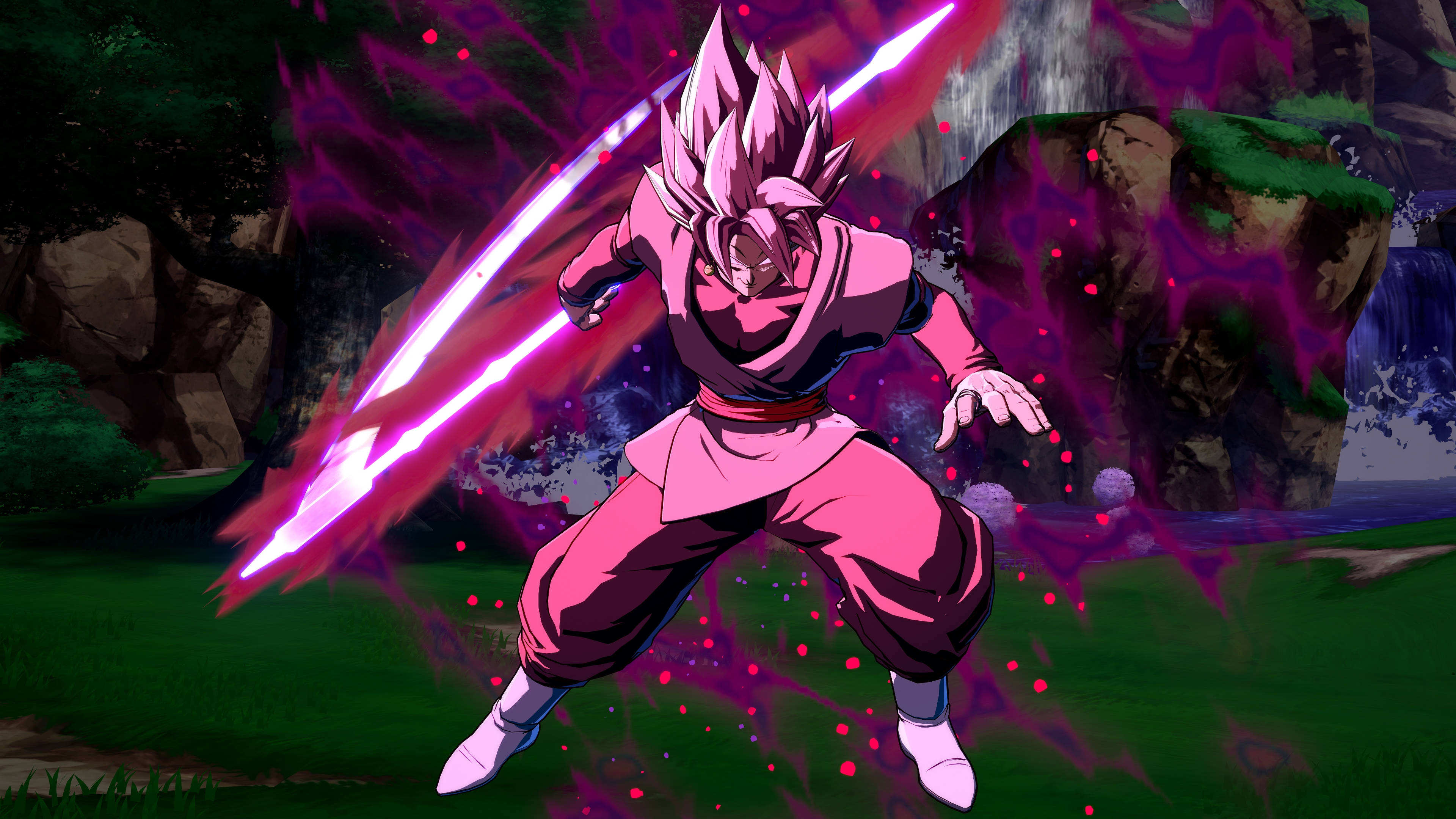 Black Goku 桌布 壁紙 — 一位粉紅色頭髮的動漫戰士在森林山谷中，於神秘的紫色能量爆發中揮舞著發光的劍。