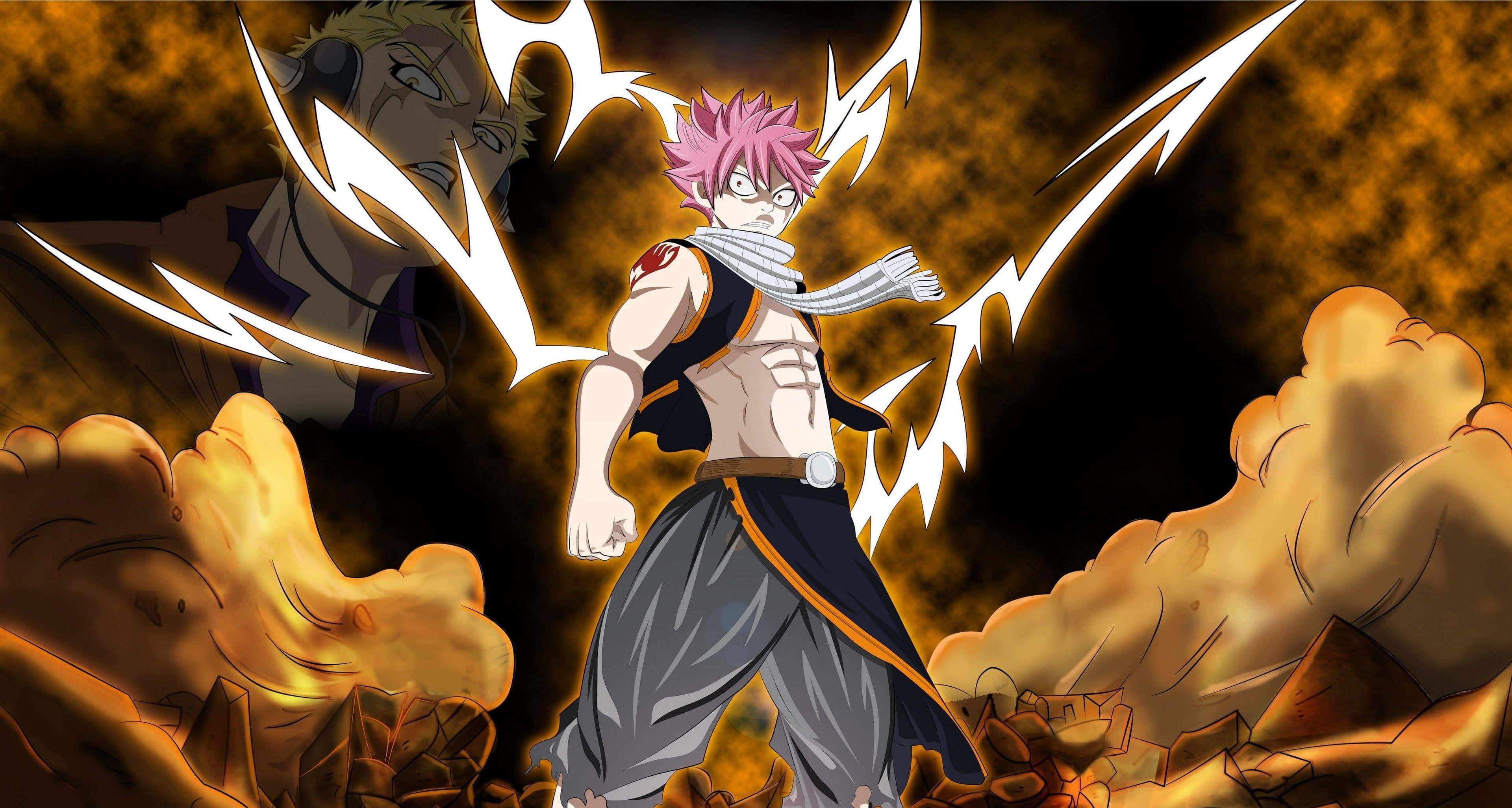 natsu dragneel 桌布 壁紙 — 一位粉紅色頭髮的動漫戰士在深橙色背景下，挑釁地站在熾熱的爆炸和閃電之中。