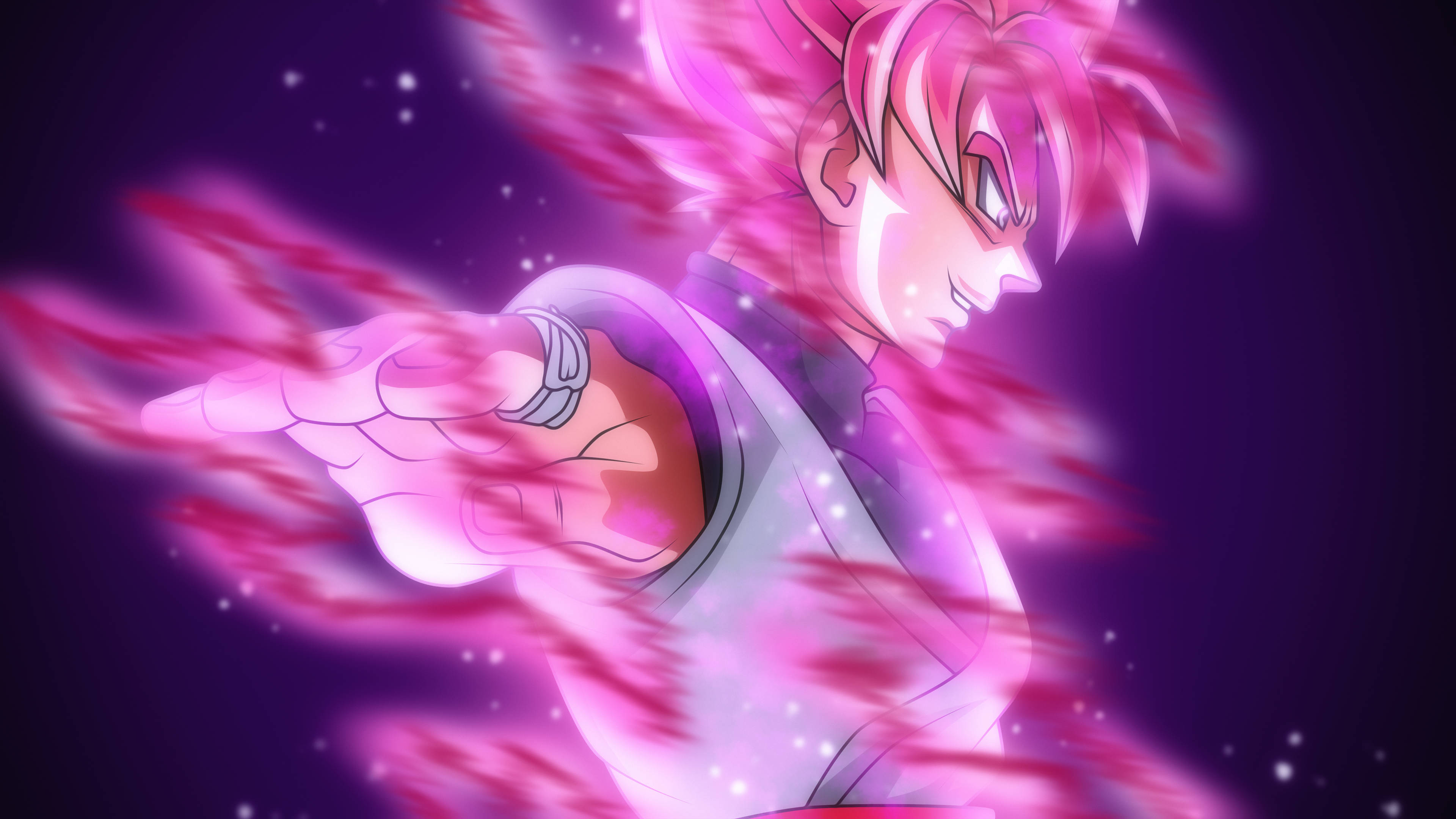 goku black iPhone 桌布 壁紙 — 一位粉紅色頭髮的動漫戰士在發光的紫色光環中向前伸出手，周圍有強烈的能量劈啪作響。