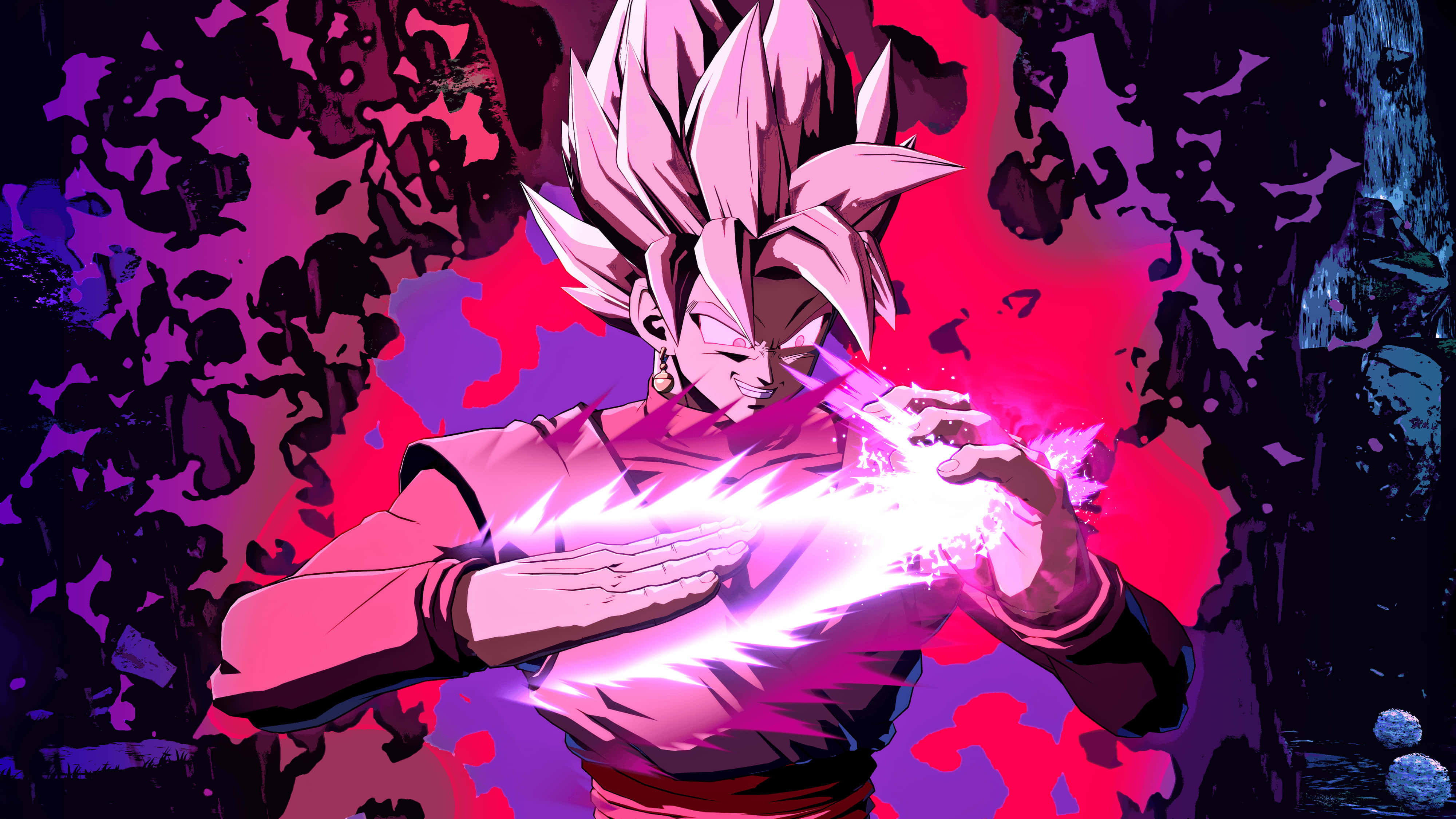 Goku Black 4K 桌布 壁紙 — 一位粉紅色頭髮的動漫戰士在破碎的紫色和紅色背景前，雙手之間引導發光的能量。