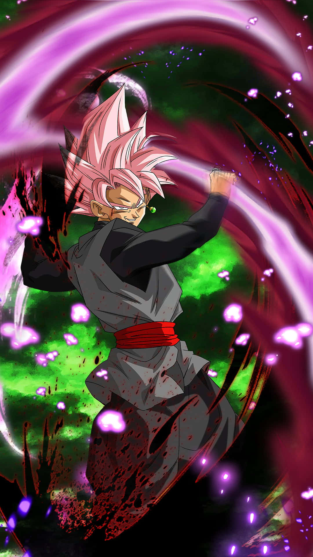 Dragon Ball Legends 桌布 壁紙 — 一位粉紅色頭髮的動漫戰士穿著黑色和灰色的道服，在綠色和黑色的宇宙背景下釋放出旋轉的紫色能量攻擊。