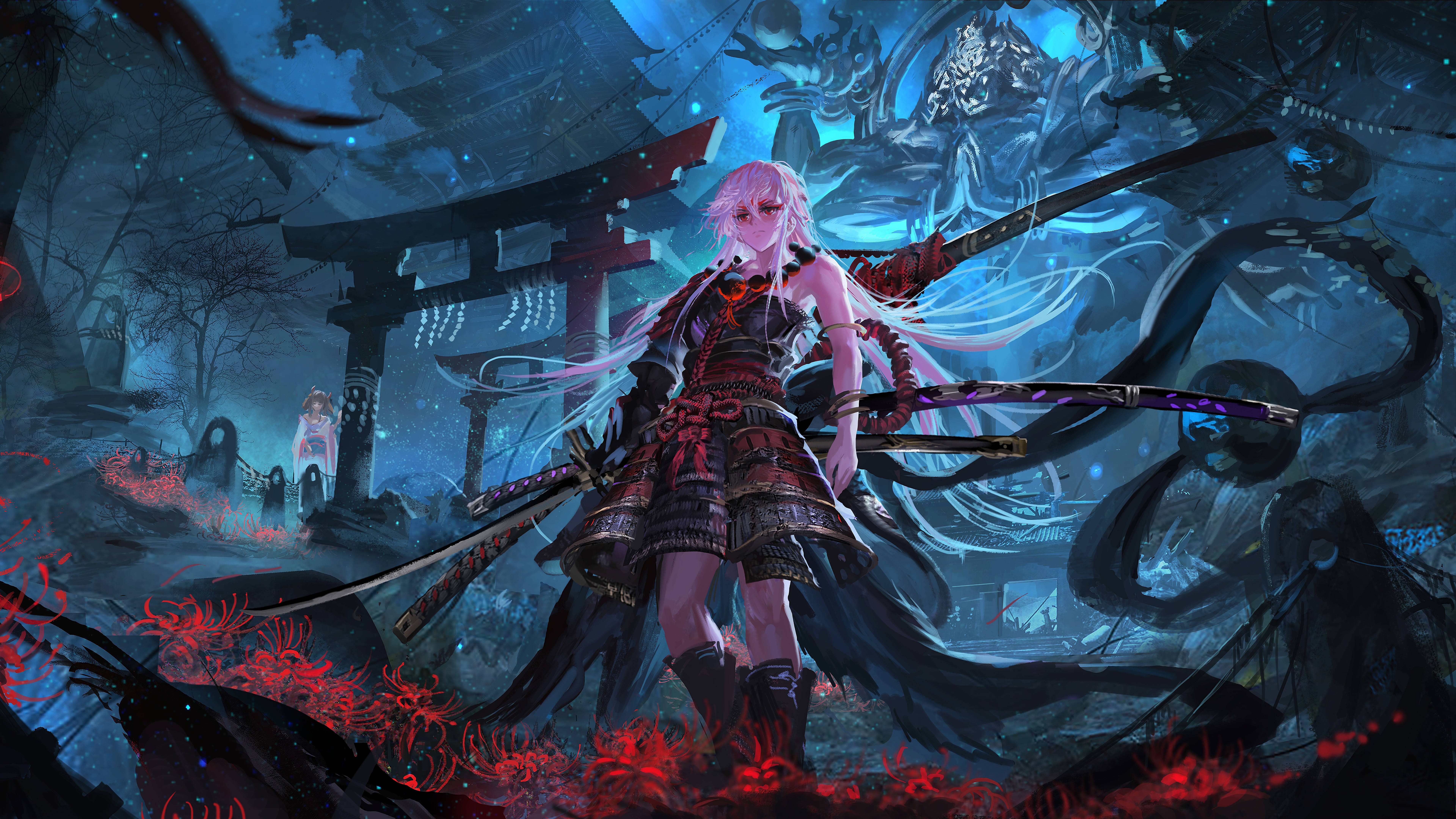 可愛動漫 桌布 壁紙 — 一位粉紅色頭髮的動漫戰士身穿武士鎧甲，在月光下，在發光的紅花和鬧鬼的神社中挑釁地站立。