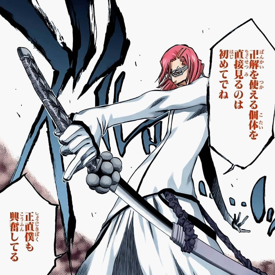 Szayelaporro Granz 桌布 壁紙 — 一位粉紅色頭髮的動漫戰士身穿白色長袍，揮舞著劍，伴隨著動態的黑色墨跡和日文文字。