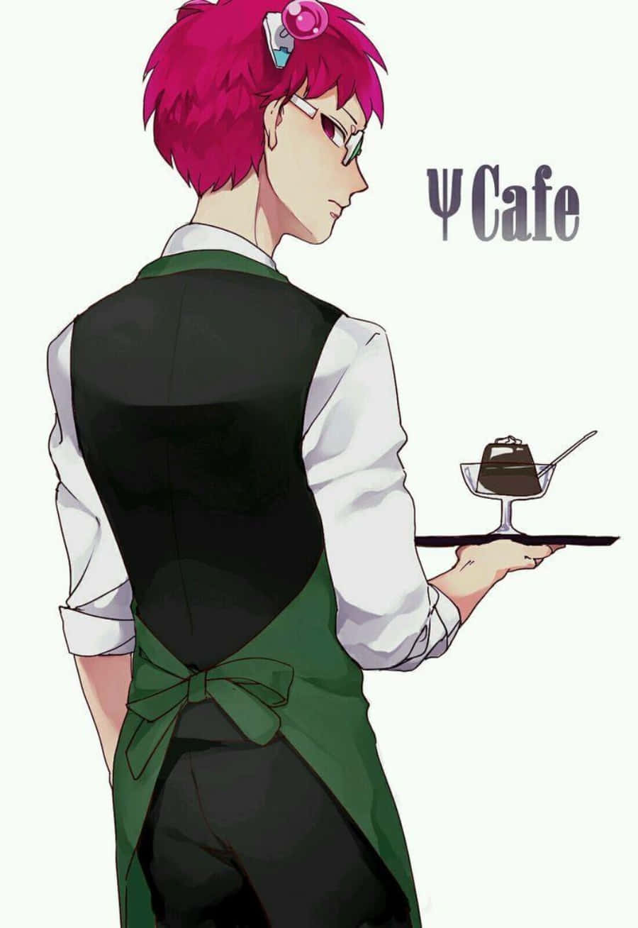 日本動漫 桌布 壁紙 — 一位粉紅色頭髮的動漫服務生穿著綠色圍裙，在Psi Cafe用托盤端著巧克力甜點。