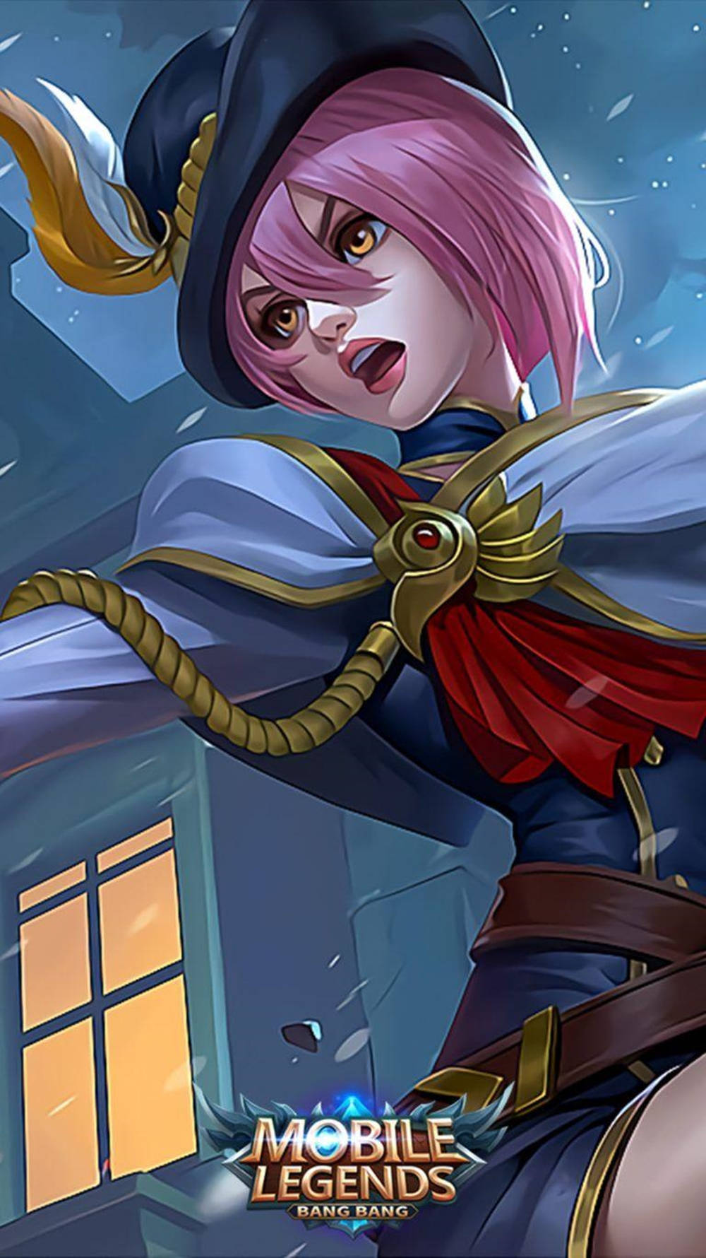 Mobile Legends 動態圖 桌布 壁紙 — 一位粉紅色頭髮的動漫法師，戴著深色帽子和藍色斗篷，在雪夜背景下，身後有一扇發光的窗戶，挑釁地站立著。