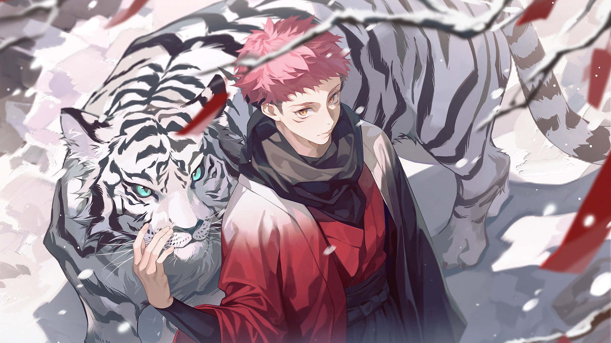 動漫頭像 桌布 壁紙 — 一位粉紅色頭髮的動漫男孩穿著紅色長袍，在飄雪和紅葉中輕輕觸摸一隻白虎的鼻子。