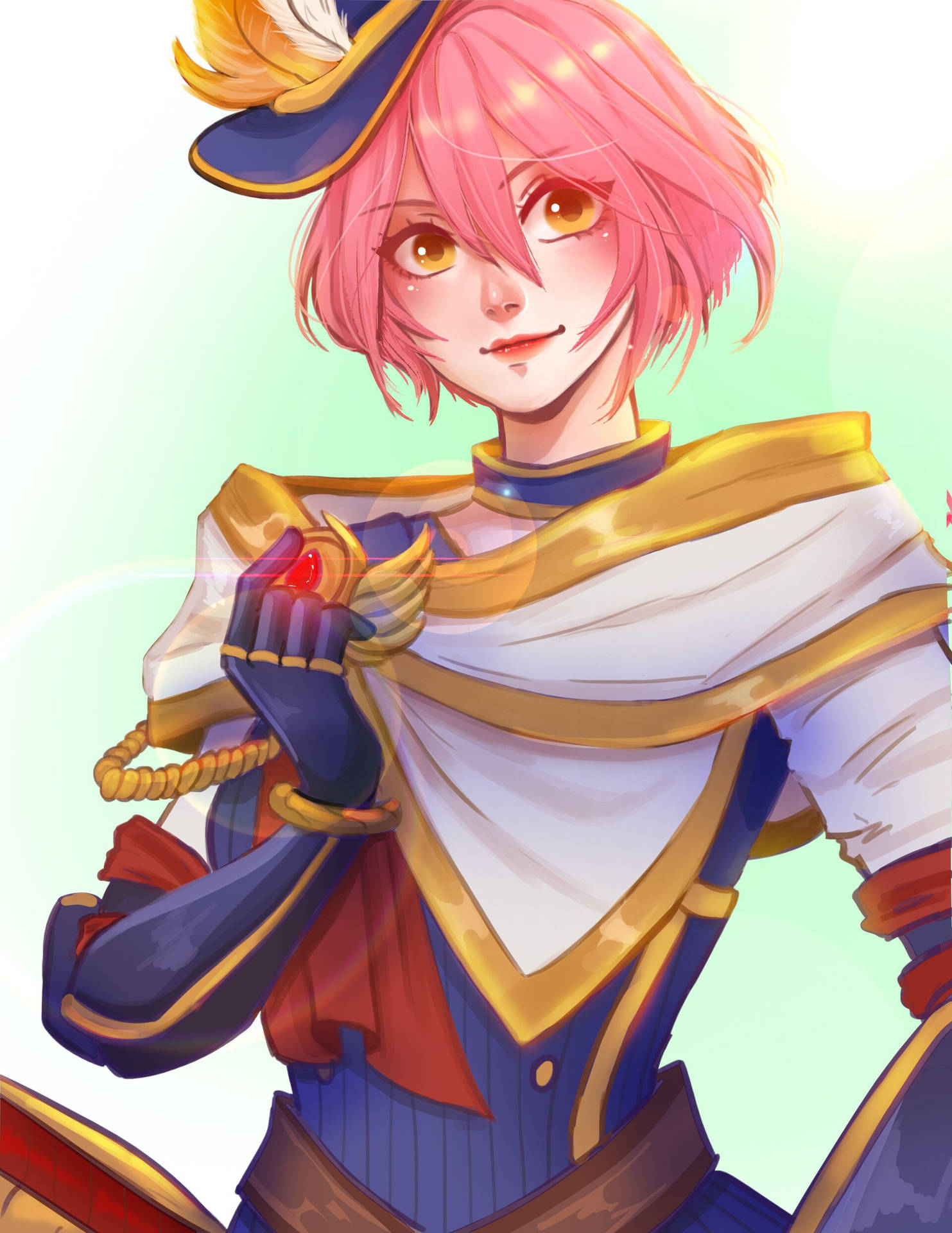 Mobile Legends 動態圖 桌布 壁紙 — 一位粉紅色頭髮的動漫角色，身穿華麗的藍、金、紅色盔甲，自信地微笑著，手持發光的紅色球體。