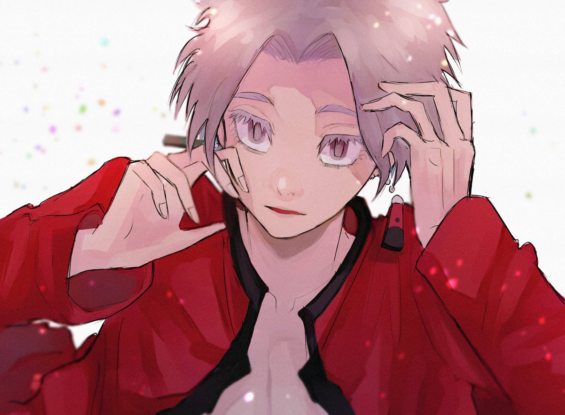 izana kurokawa 桌布 壁紙 — 一位粉紅色頭髮的動漫角色穿著紅色外套，雙手靠近臉龐，在閃爍的背景中溫柔地凝視。