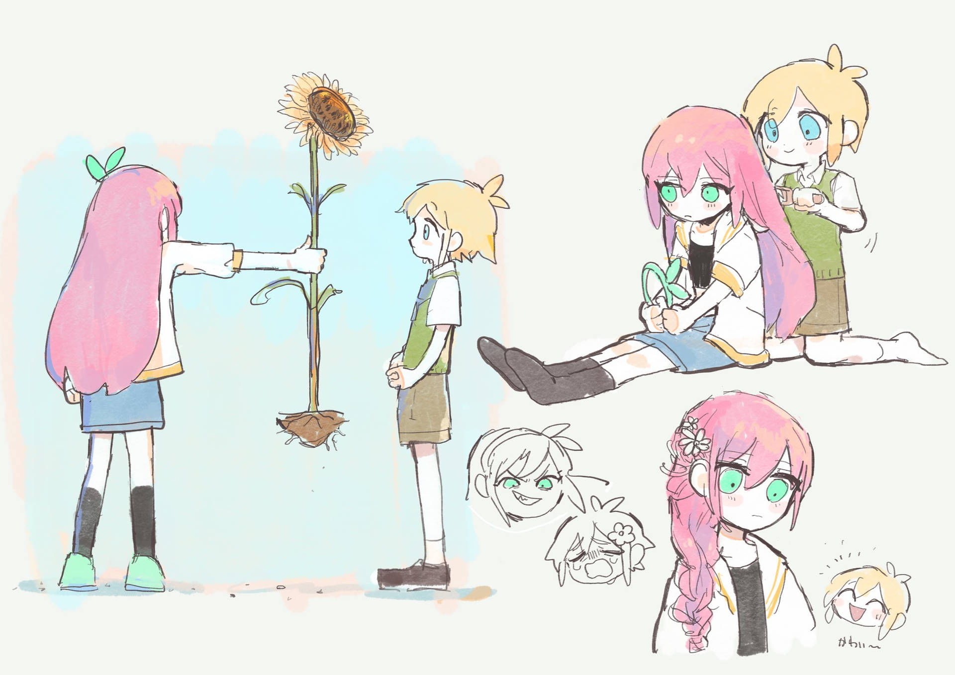 在柔和插圖場景中，動畫角色與向日葵。 — Omori GIF 壁紙
