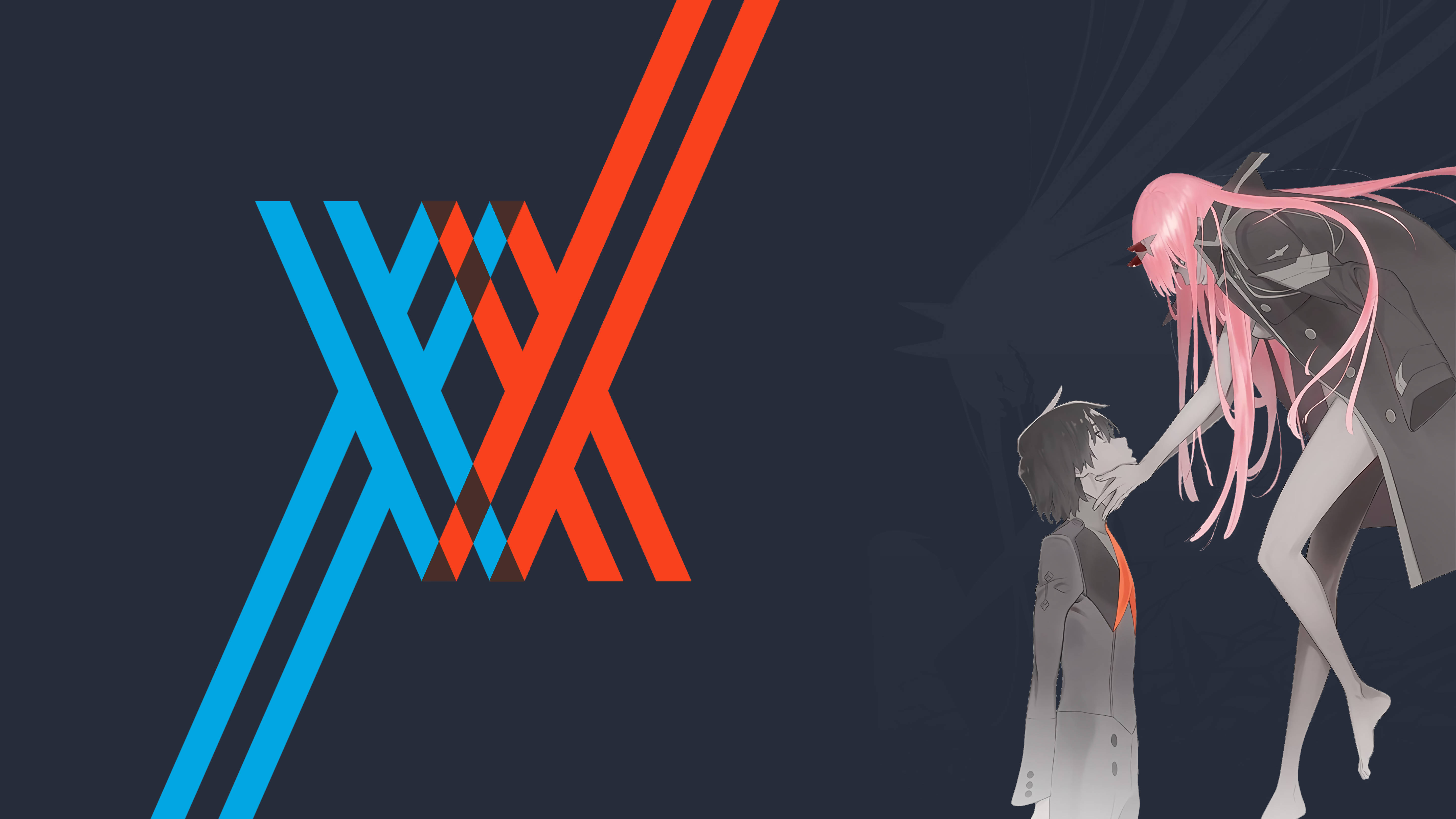 DARLING in the FRANXX 桌布 壁紙 — 一位粉紅色頭髮的動畫女孩穿著外套，在深色背景上帶有鮮明的藍色和橙色幾何線條，輕輕觸摸男孩的臉。