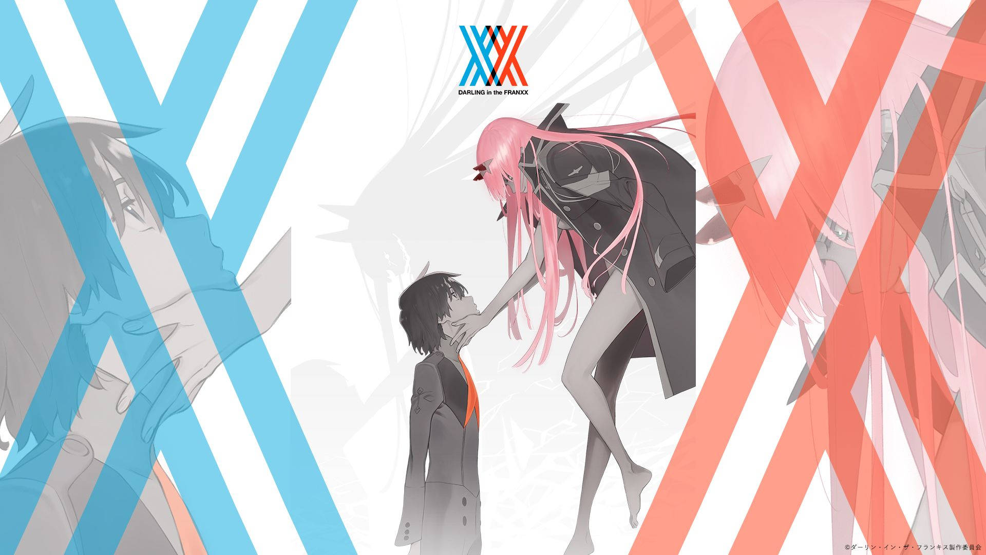 DARLING in the FRANXX 桌布 壁紙 — 一位粉紅色頭髮的動畫女孩穿著黑色外套，在風格化的藍色和紅色X圖案背景前輕輕觸摸男孩的臉。