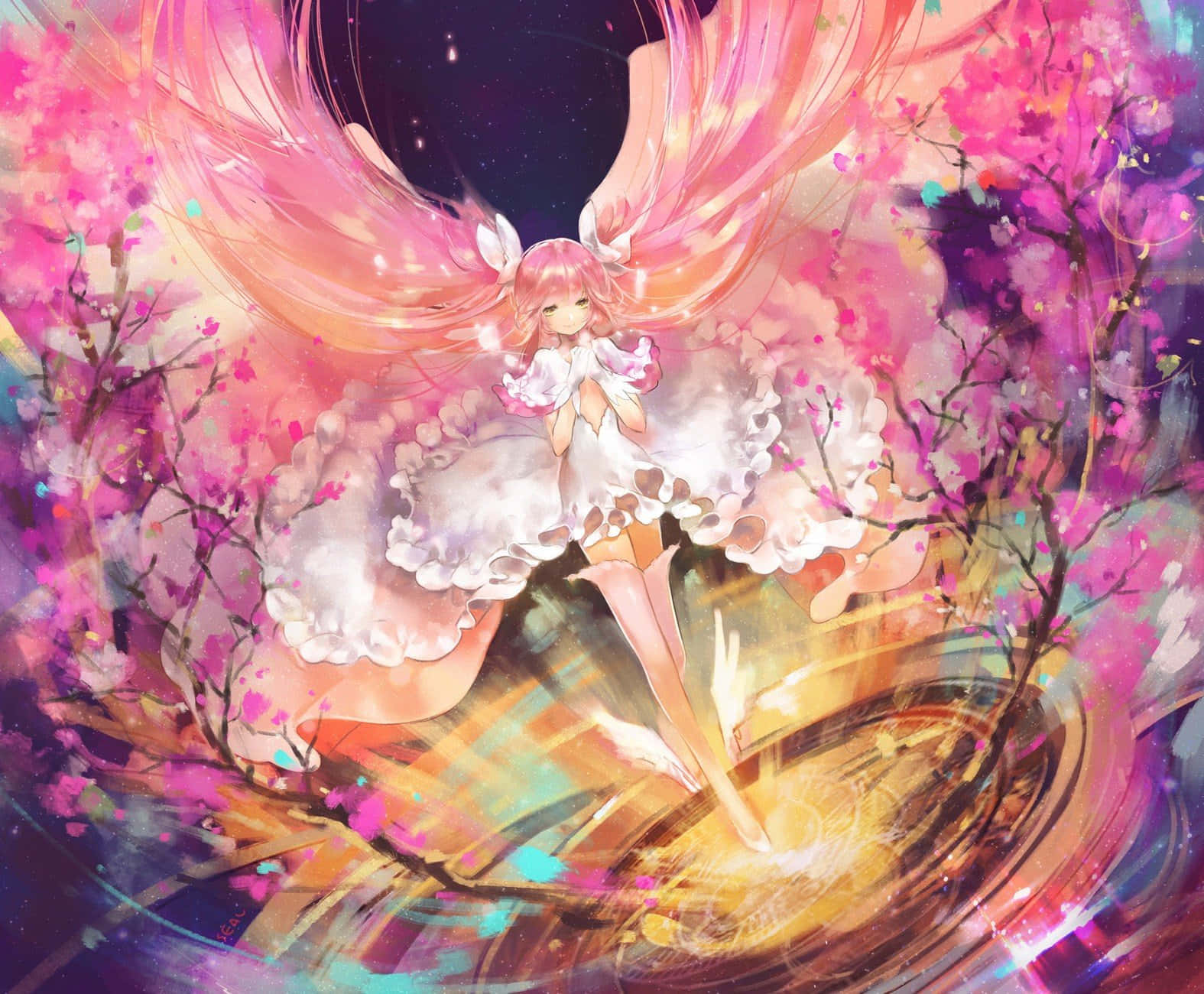 魔法少女小圓 桌布 壁紙 — 一位粉紅色頭髮的天使翅膀動漫女孩在星空下飄浮在旋轉的櫻花中。