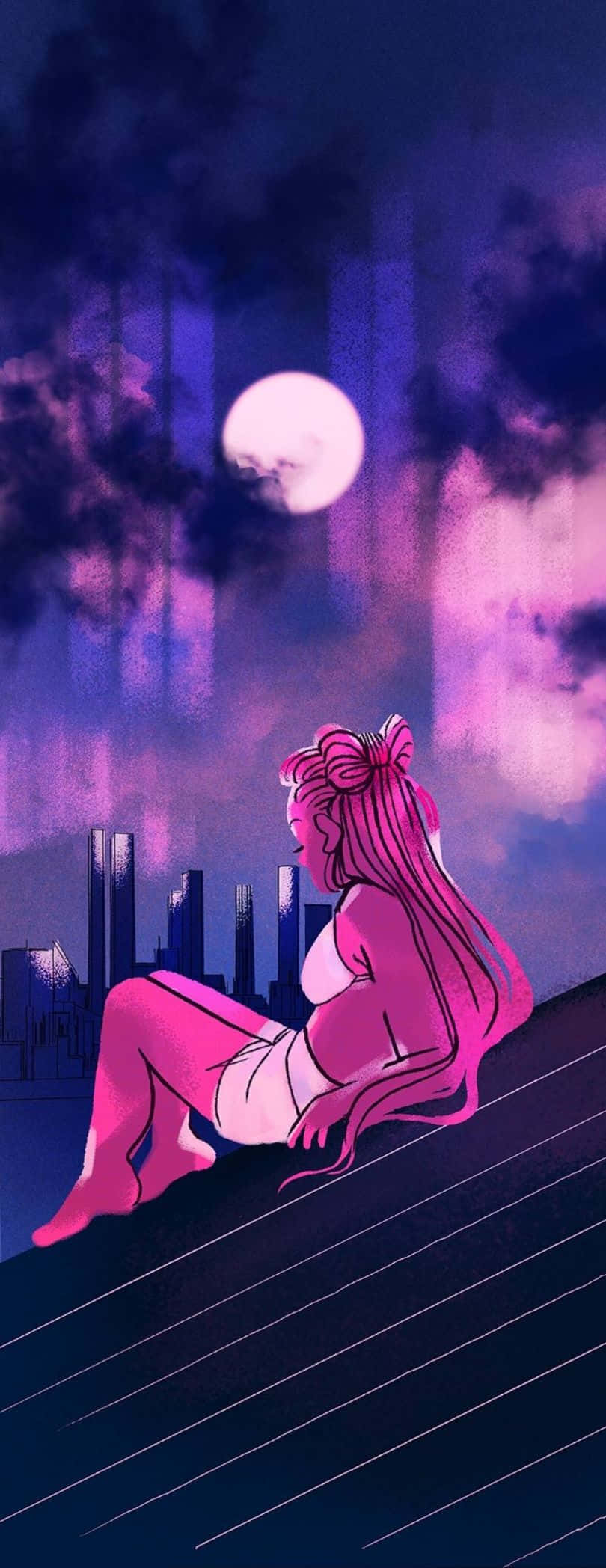Woman 桌布 壁紙 — 一位粉紅色頭髮的女性坐在屋頂上，在發光的月亮下，紫色雲朵在城市天際線上方旋轉。