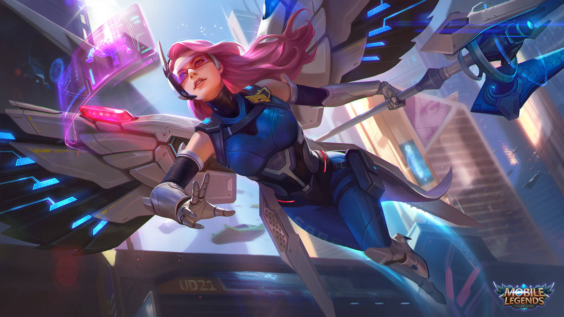 mobile legends logo 桌布 壁紙 — 一位粉紅色頭髮的女性英雄身穿藍色盔甲，手持發光武器，翱翔於未來城市景觀中。