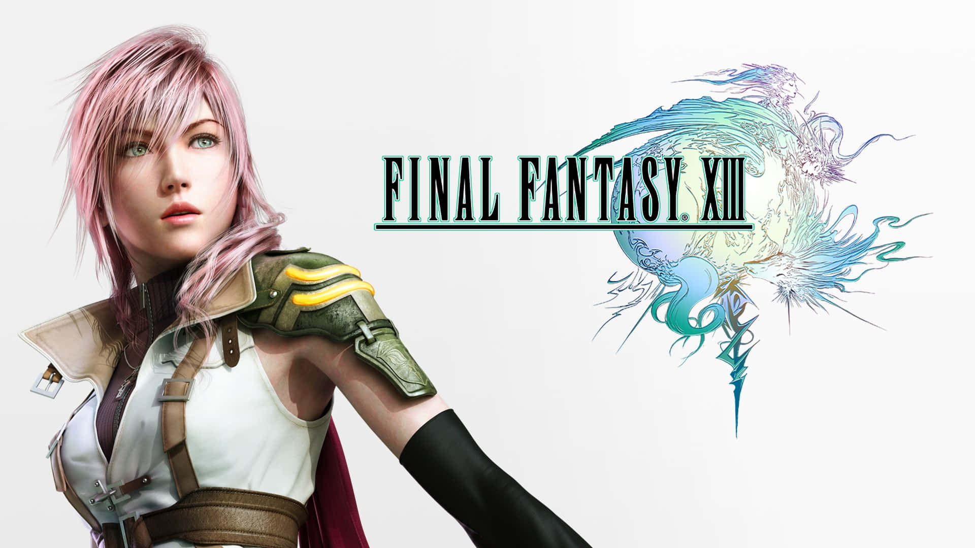 Fantasy Games 桌布 壁紙 — 一位粉紅色頭髮的女戰士穿著精細的盔甲，在帶有風格化龍紋章的Final Fantasy XIII標誌旁擺姿勢。