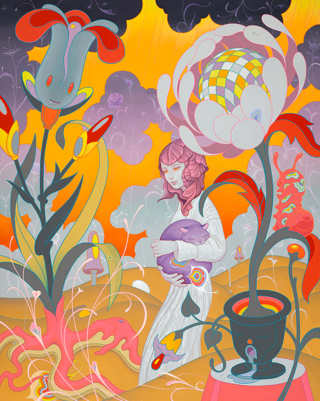 Illustration 桌布 壁紙 — 一位粉紅色頭髮的寧靜女孩在充滿活力的橙色天空下，在超現實的巨大花朵中懷抱一隻睡著的貓。