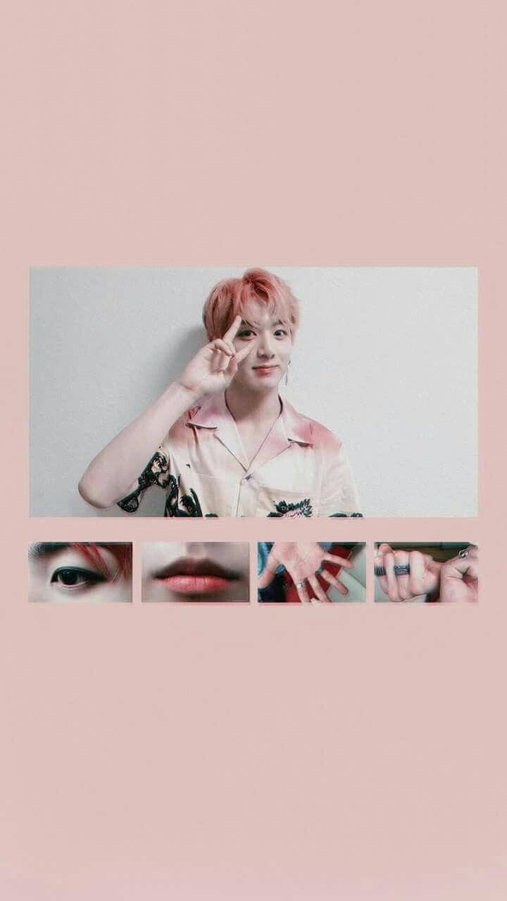 Jungkook Aesthetic 桌布 壁紙 — 一位粉紅色頭髮的年輕人做出和平手勢，下方四個特寫面板顯示眼睛、嘴唇、手和戒指。
