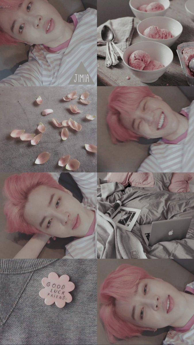 Jimin Aesthetic 桌布 壁紙 — 一位粉紅色頭髮的年輕男子以放鬆姿勢拼貼，周圍環繞著粉紅色玫瑰花瓣和冰淇淋碗。