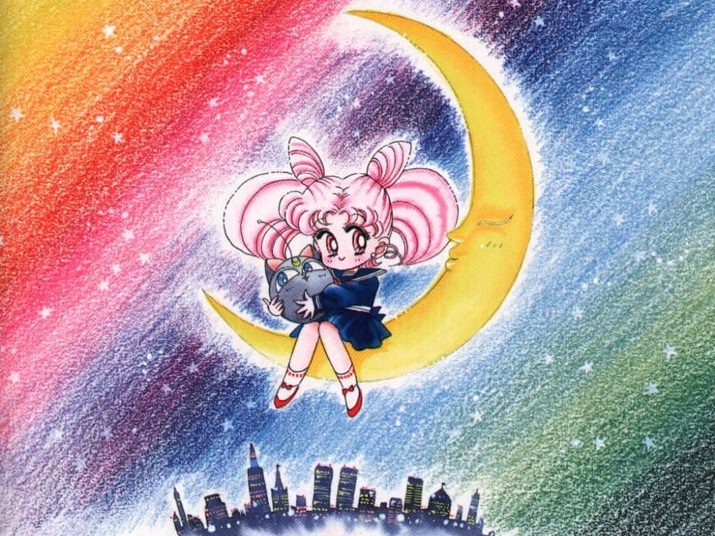 桌布 壁紙 — 一位粉紅色頭髮的水手服動漫女孩坐在新月上，抱著一隻貓，背景是星空彩虹天空，下方是城市景觀。