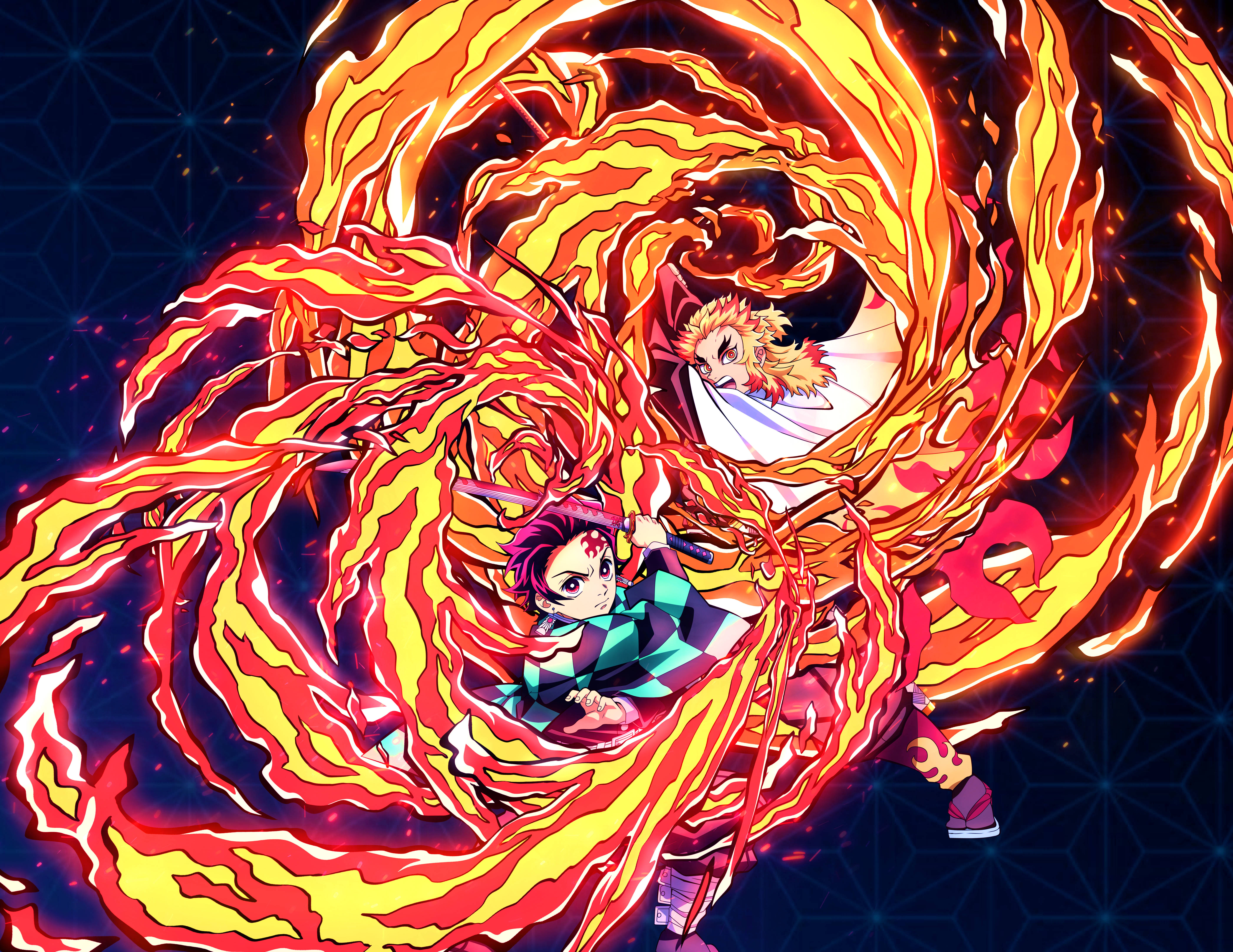Kyojuro Rengoku 桌布 壁紙 — 一位粉紅色頭髮的熾熱動漫戰士，在黑暗星空背景下與被旋轉火焰包圍的惡魔戰鬥。