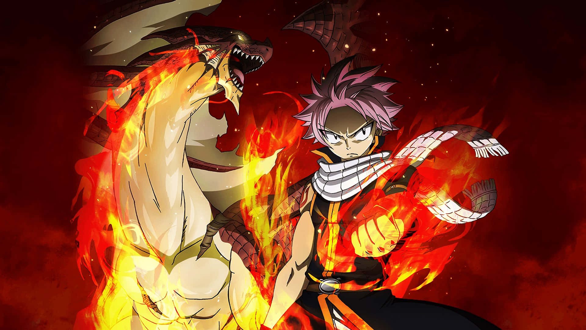natsu dragneel 桌布 壁紙 — 一位粉紅色頭髮的熾熱動漫戰士在深紅色背景下與一條被火焰吞沒的咆哮巨龍戰鬥。