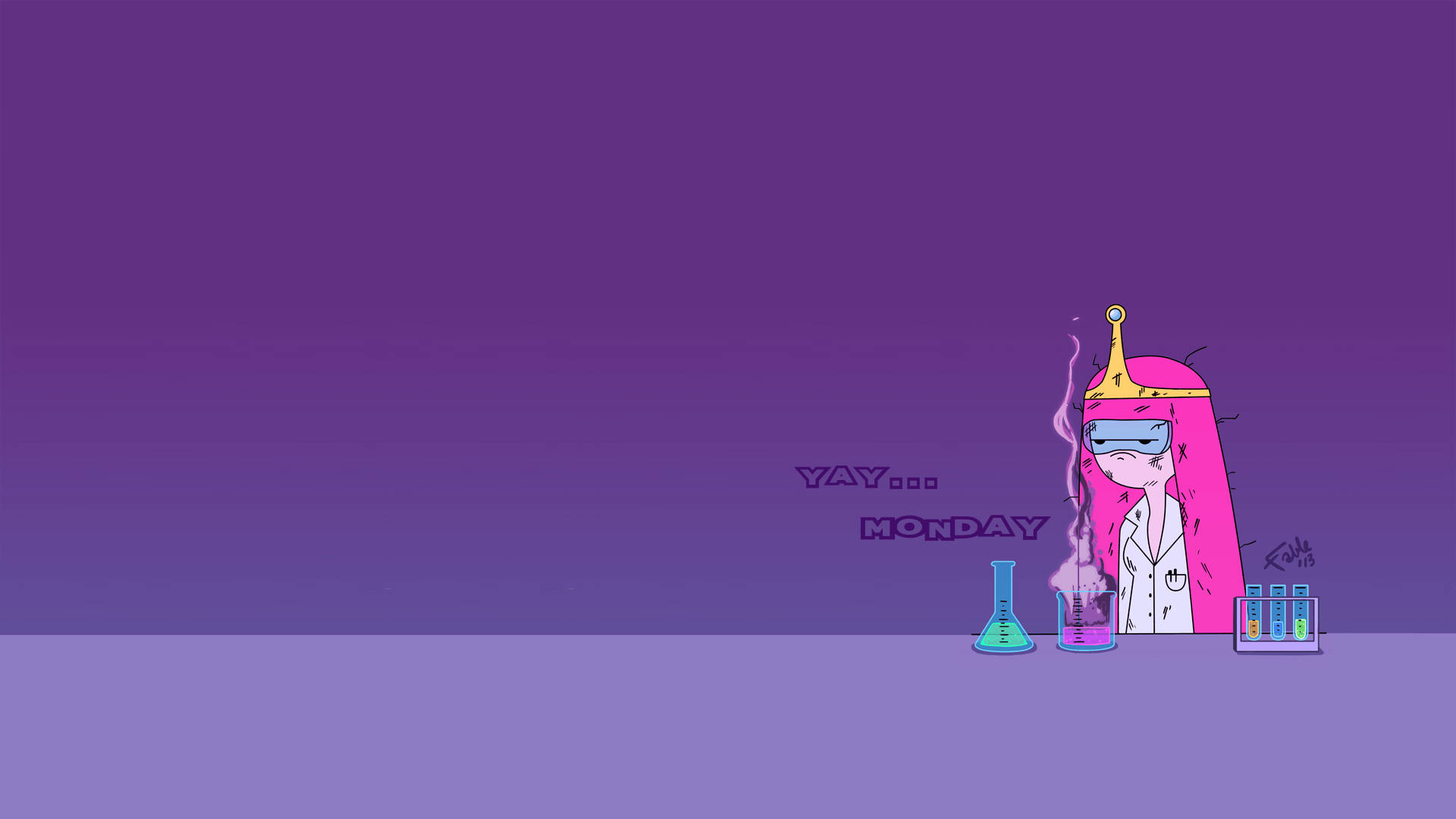 Princess 桌布 壁紙 — 一位粉紅色頭髮的科學家穿著實驗室外套和護目鏡，在紫色漸變背景旁對著冒泡的燒杯歡呼。