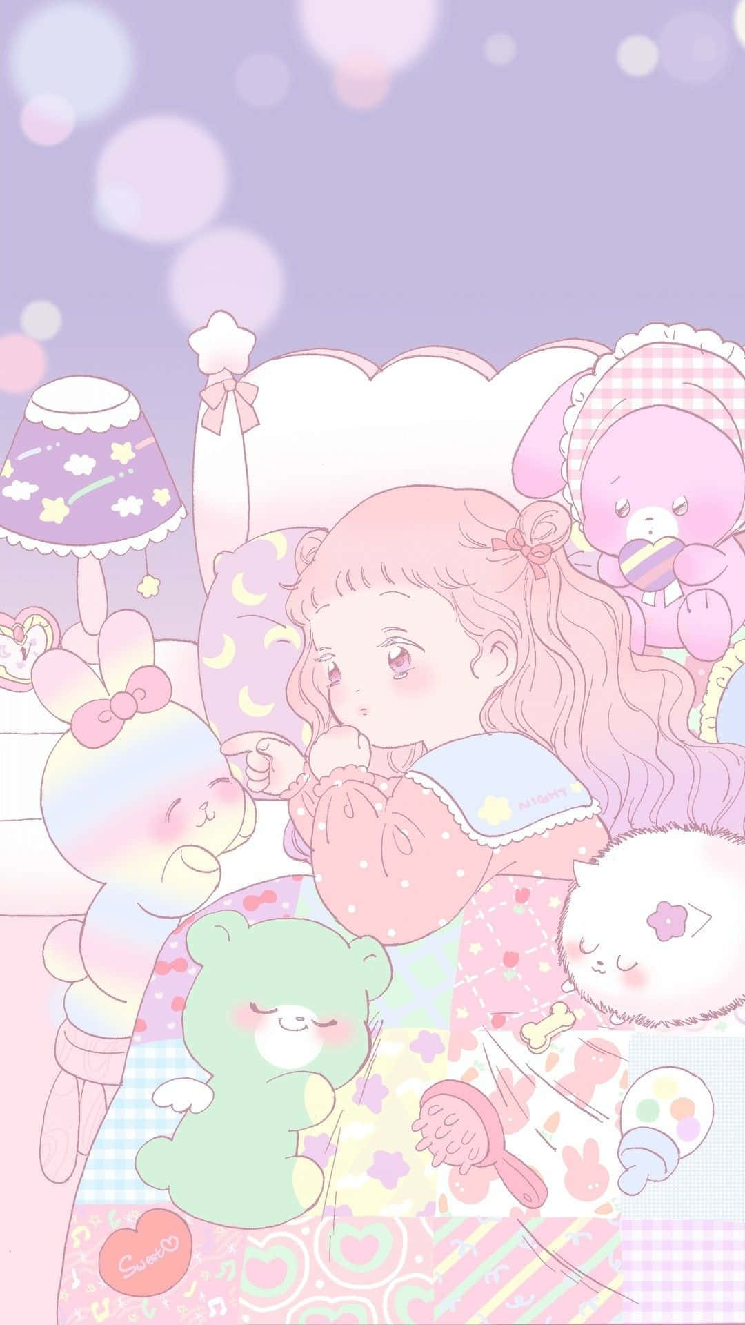 Pastel Pink Aesthetic Anime 桌布 壁紙 — 一位粉紅色頭髮的粉彩動畫女孩在床上休息，周圍是可愛的絨毛玩具和柔和的光芒。