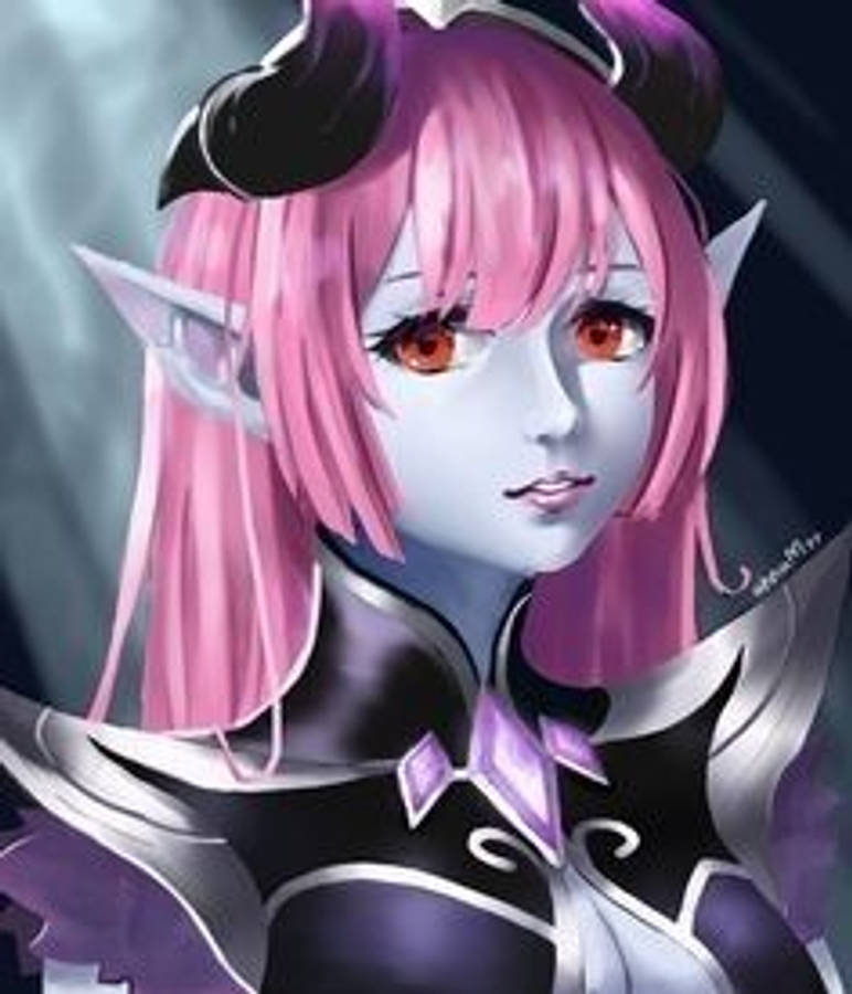 Mobile Legends 動態圖 桌布 壁紙 — 一位粉紅色頭髮的精靈，擁有發光的眼睛和暗色盔甲，站在一個神秘、陰暗的環境中。