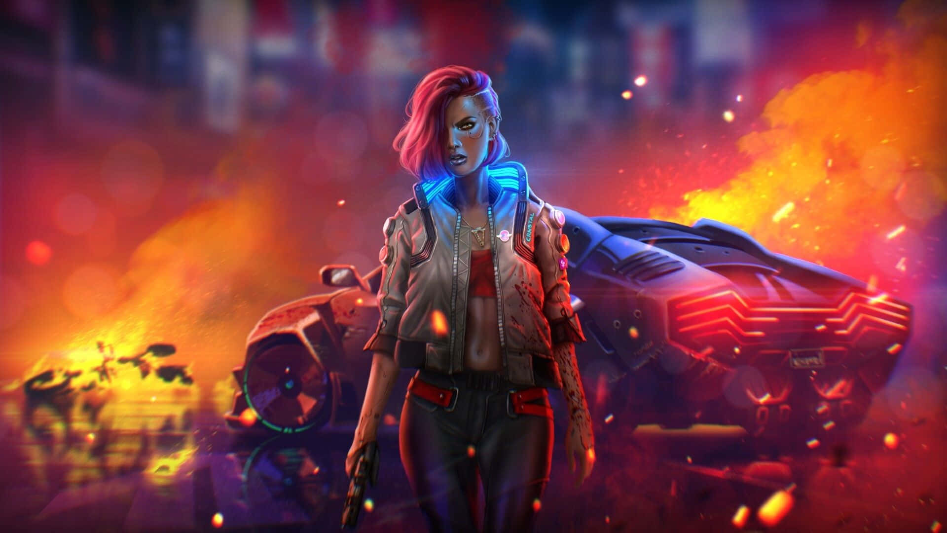 1920 X 1080 HD Gaming 桌布 壁紙 — 一位粉紅色頭髮的賽博龐克女性自信地站在一輛發光的未來汽車旁，周圍是熾熱的爆炸和霓虹燈光。