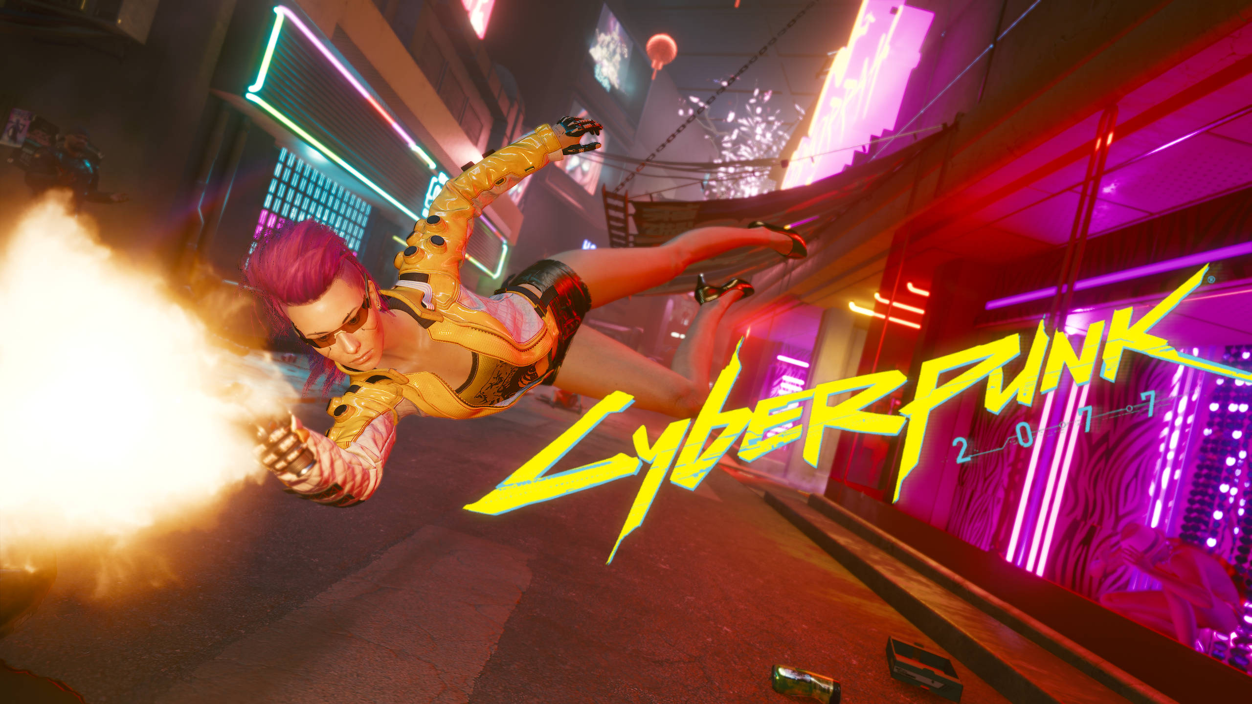 Cyberpunk Desktop 桌布 壁紙 — 一位粉紅色頭髮的賽博龐克戰士在充滿霓虹燈的未來城市街道上開火。