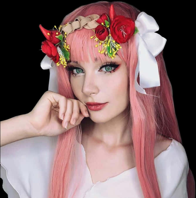 cosplay 桌布 壁紙 — 一位粉紅頭髮、戴著紅色花冠的女性，在黑色背景下溫柔地凝視。