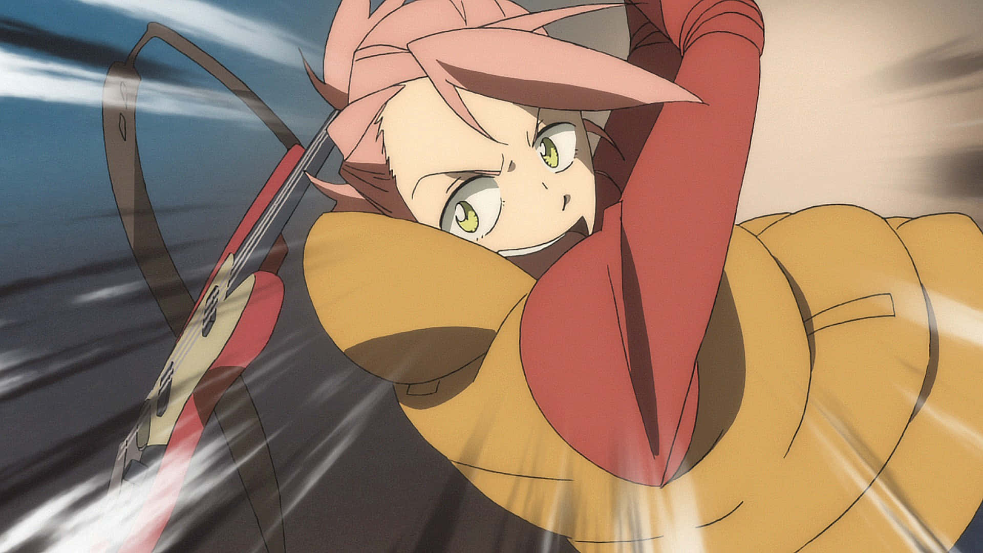 Flcl Alternative 桌布 壁紙 — 一位粉紅頭髮、綠色眼睛的動漫女孩，在模糊的動態背景前揮劍向前跳躍。