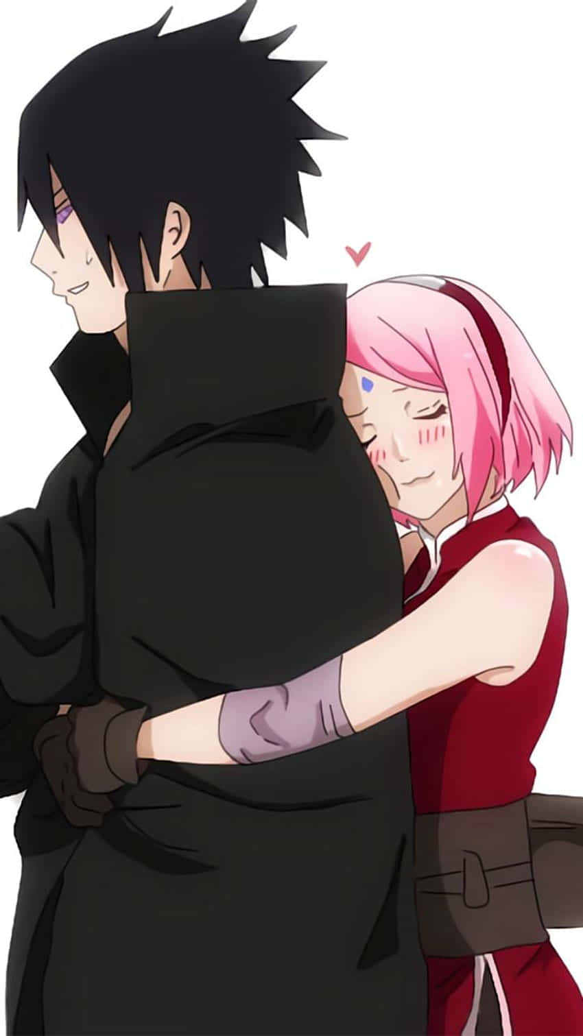 Sasuke Sakura 桌布 壁紙 — 一位粉紅髮動漫女孩從後面擁抱一個穿黑色斗篷的男孩，頭頂上方有一顆心。