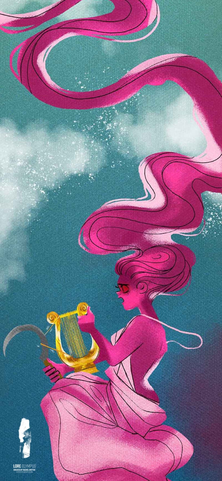 Woman 桌布 壁紙 — 一位粉紅髮繆斯身穿飄逸長袍，在青綠色的天空中手持金色豎琴，周圍有旋轉的雲朵和閃爍的粒子。