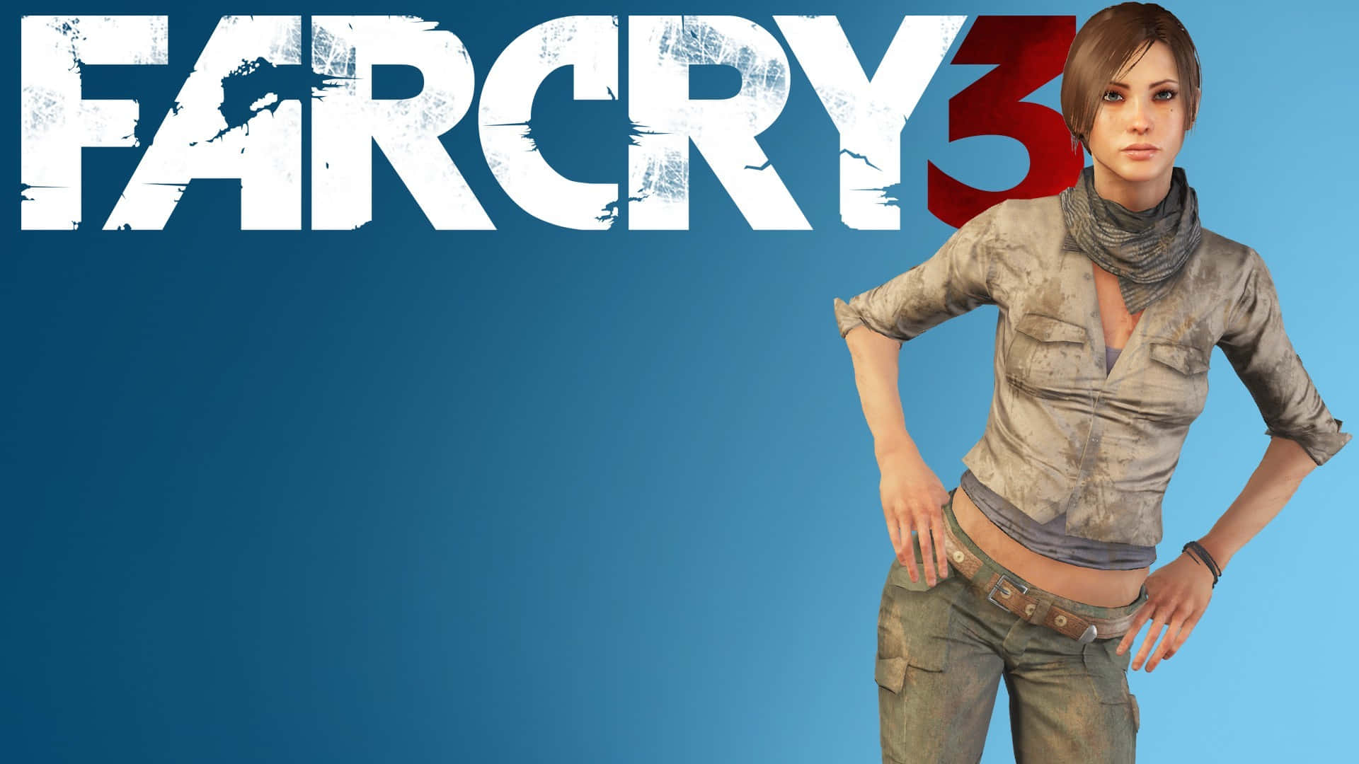 Far Cry 3 桌布 壁紙 — 一位粗獷的女兵自信地站在純藍色背景前，上方有 Far Cry 3 標誌。