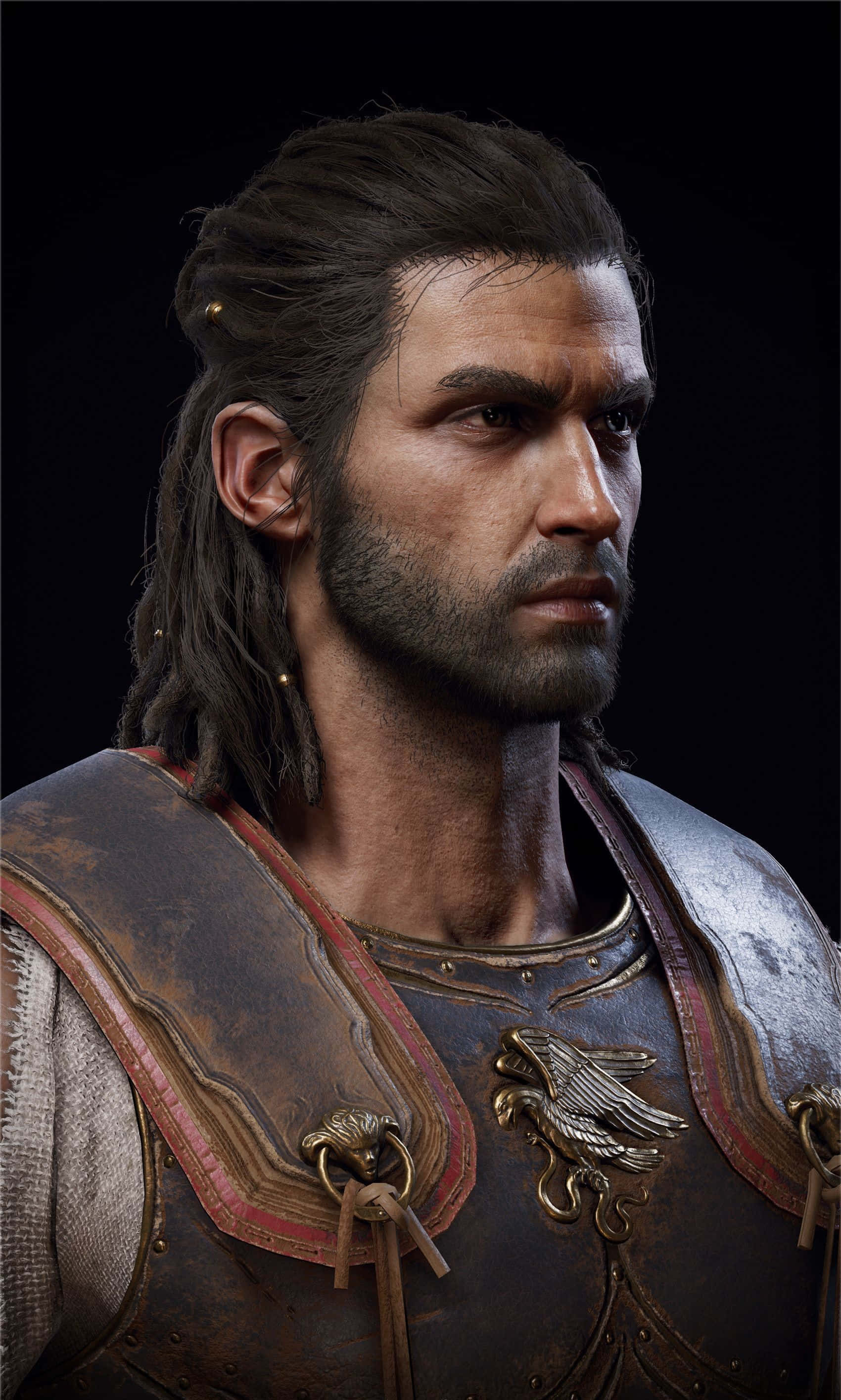 Assassin's Creed Alexios 桌布 壁紙 — 一位粗獷的戰士，長著深色長髮和鬍鬚，身穿飾有鷹圖案的金屬盔甲，背景為黑色。