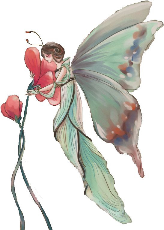 Fairy Wings 桌布 壁紙 — 一位精緻的仙女，擁有半透明的青綠色翅膀，在純黑色背景上懷抱著一朵鮮豔的粉紅色花朵。
