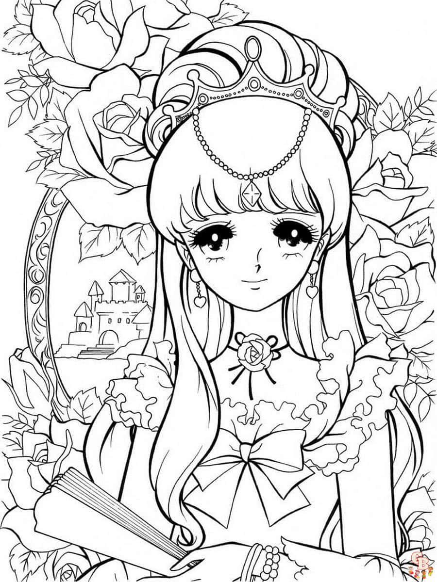 Anime Coloring 桌布 壁紙 — 一位精緻的動漫公主，戴著皇冠，身穿玫瑰裝飾的連衣裙，手持一本被玫瑰和城堡鏡子框住的書。