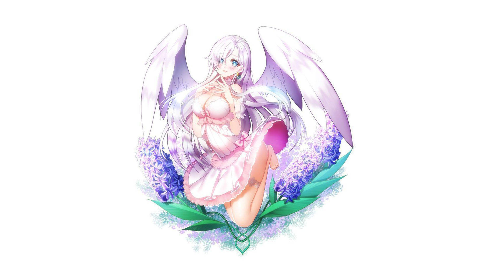 伊莉莎白·里昂絲 桌布 壁紙 — 一位精緻的動漫天使，銀色頭髮和紫色翅膀，優雅地坐在盛開的紫色風信子中，位於柔和的粉彩圓圈內。