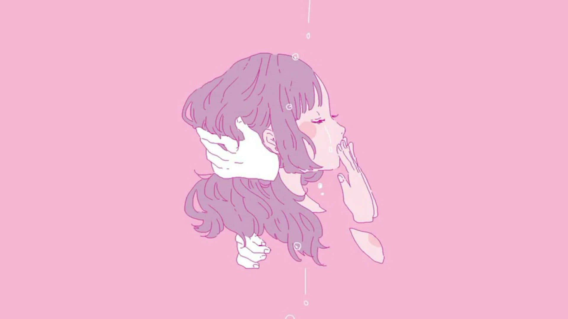 Aesthetic Pink Anime 桌布 壁紙 — 一位精緻的動漫女孩，紫色頭髮，在柔和的粉紅色背景上輕輕漂浮，雙手靠近臉龐，姿勢夢幻。