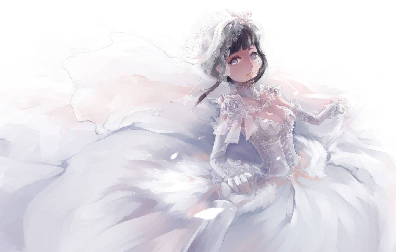 Hinata Hyuga 桌布 壁紙 — 一位精緻的動漫女孩，身穿帶有蕾絲和花卉細節的飄逸白色長裙，漂浮在柔和的粉彩雲朵中。