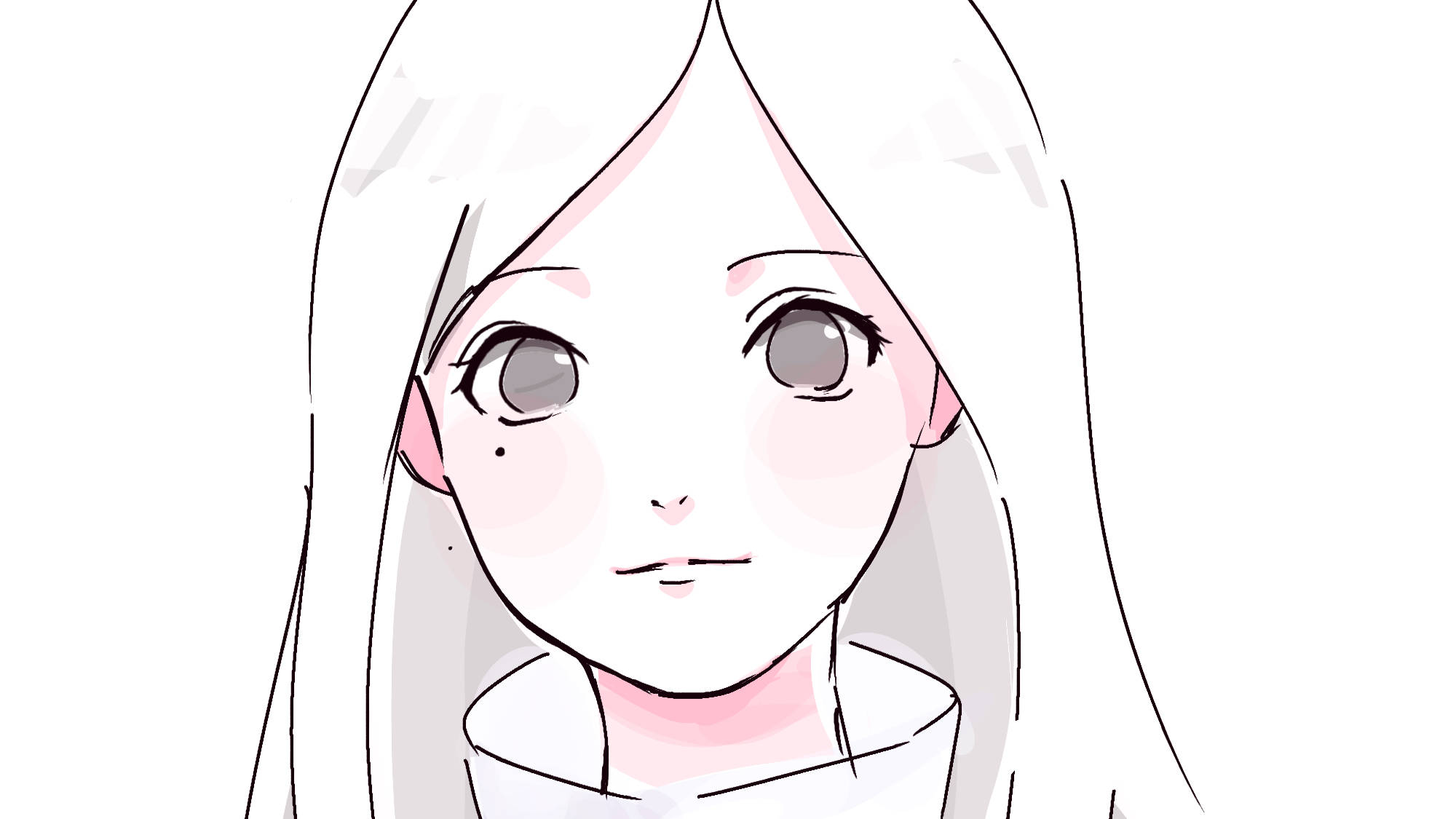 izumi uchiha 桌布 壁紙 — 一位精緻的動漫女孩，長長的白髮和柔軟的粉紅色腮紅，在純白色背景上溫柔地凝視。