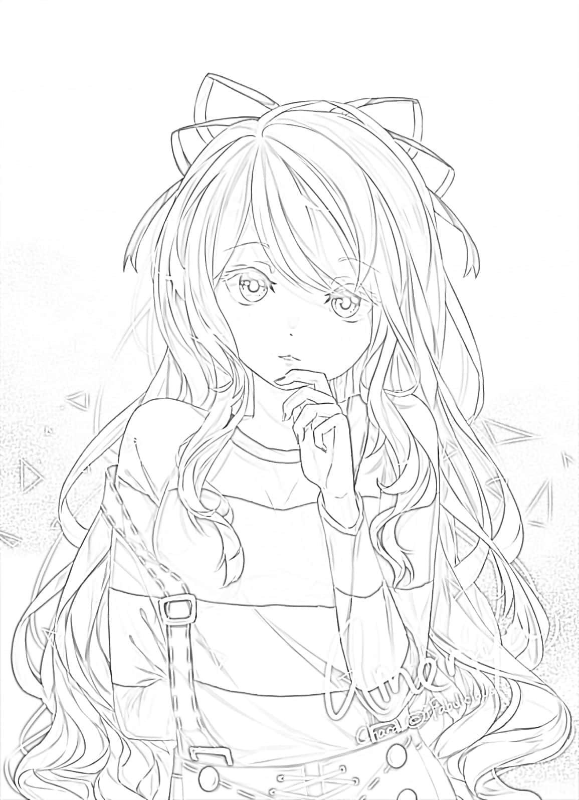 Anime Coloring 桌布 壁紙 — 一位精緻的動漫女孩，長髮及貓耳，托腮沉思。